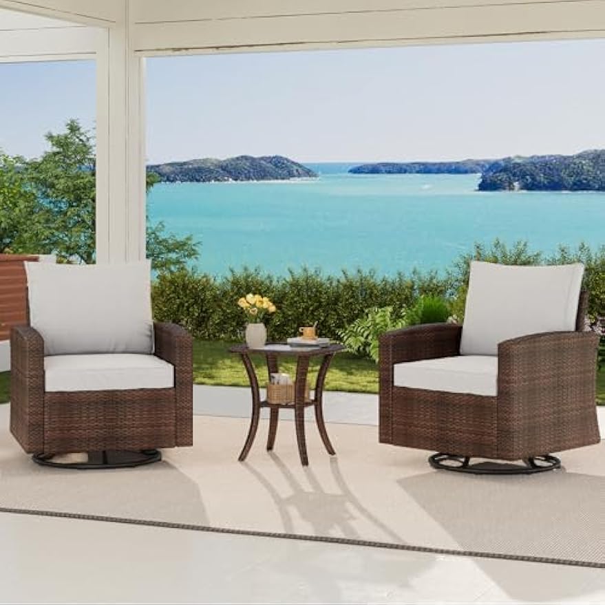 3 Piece Outdoor Swivel Rocking Chair Set with Side Table - Wicker Swivel Glider Rocker Chairs, High Back Comfy Outdoor Rocking Chairs, Patio Furniture Sets for Porch, Deck, Yard, Poolside