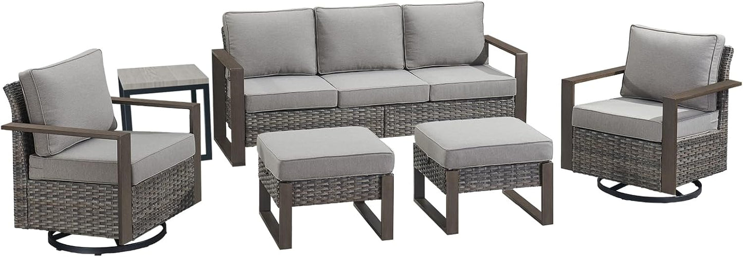 Outdoor Patio Swivel Rocker Chairs - Wicker Rattan Patio Swivel Rocking Chairs Set of 2 with Metal Wide Armrest, Thick Cushions and Deep Seating for Deck Porch Sunroom Garden(Brown/Grey)