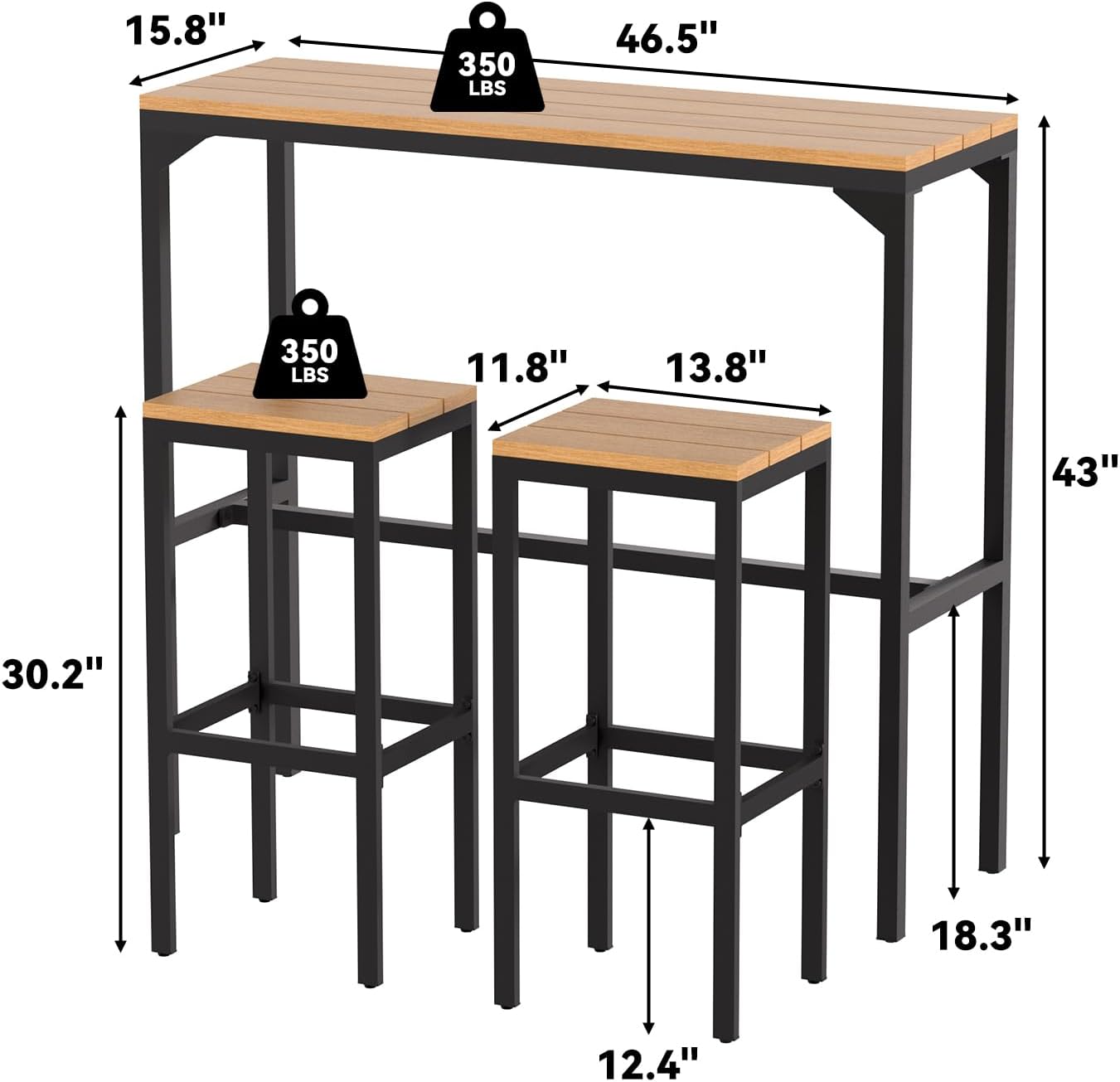 AECOJOY 3-Piece Outdoor Bar Set, Patio Bar Height Table and Chairs Set 47" Rectangular Pub Height Bar Table with 2 Bar Stools Patio Pub Bar Set for Balcony, Porch