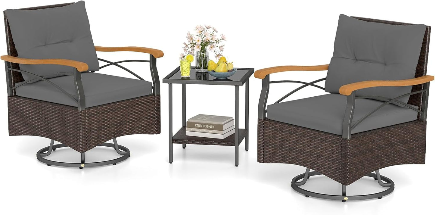 Tangkula 3 Piece Patio Swivel Rocker Set, 2 Outdoor Wicker Rocking Chairs with Tempered Glass Side Table, Outside Gliding Bistro Furniture Set with Thick Cushions for Porch, Yard, Balcony (Beige)