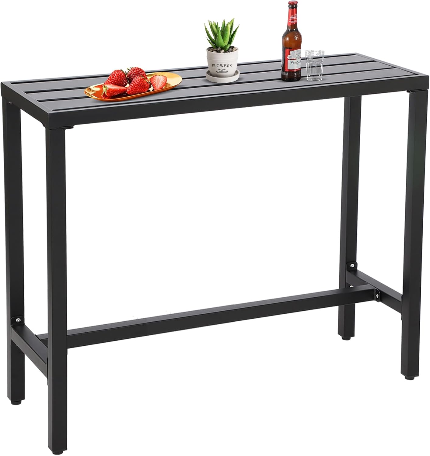 Outdoor Bar Table, Patio Console Pub Height Table with Powder Coated Steel Frame, Weather Resistant Waterproof Top for Hot Tub, Balcony, Garden, Yard, Poolside