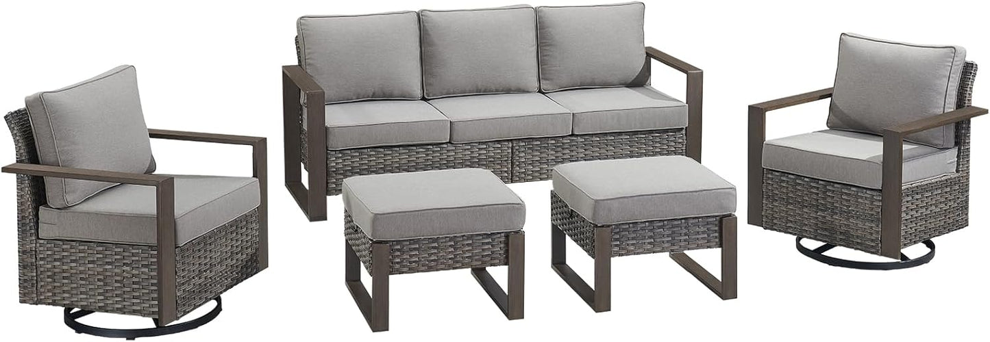 Outdoor Patio Swivel Rocker Chairs - Wicker Rattan Patio Swivel Rocking Chairs Set of 2 with Metal Wide Armrest, Thick Cushions and Deep Seating for Deck Porch Sunroom Garden(Brown/Grey)