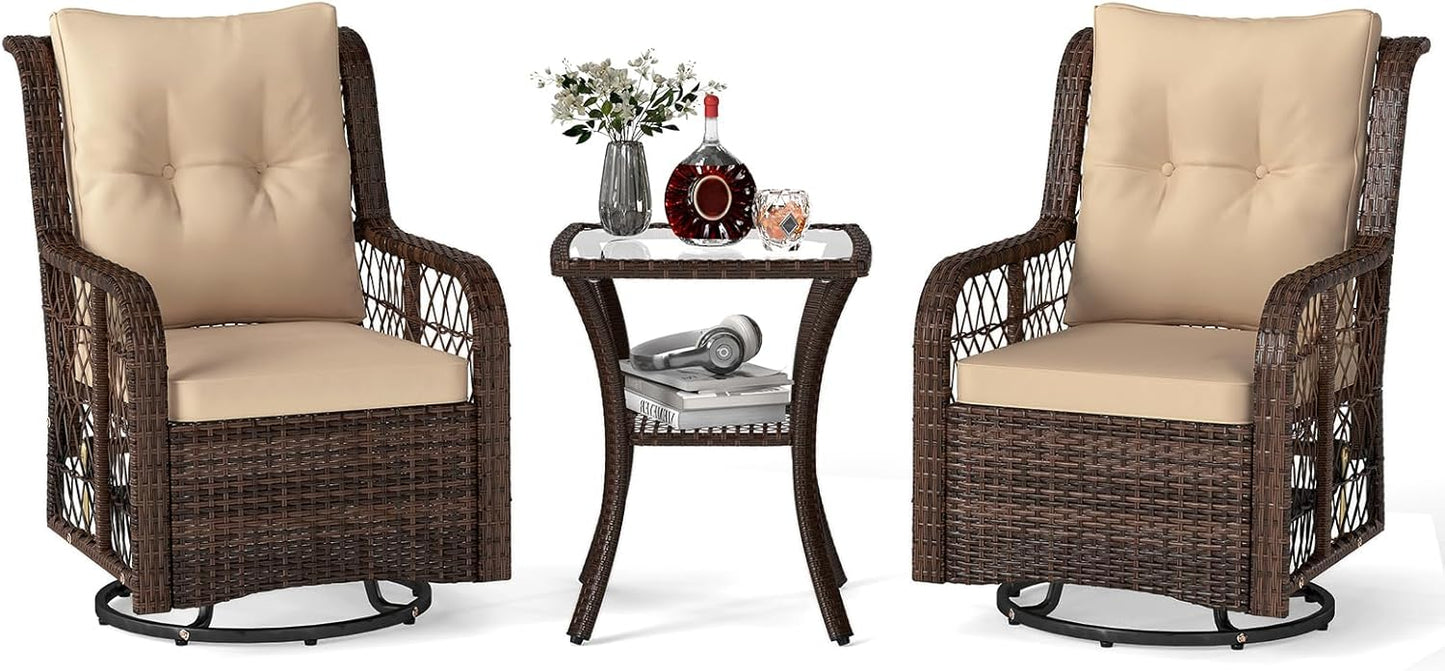 Tangkula 3 Piece Patio Swivel Rocker Set, 2 Outdoor Wicker Rocking Chairs with Tempered Glass Side Table, Outside Gliding Bistro Furniture Set with Thick Cushions for Porch, Yard, Balcony (Beige)