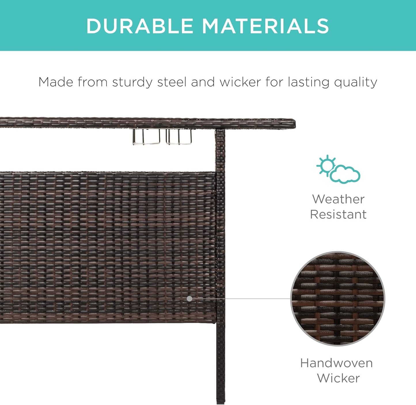 Best Choice Products Outdoor Patio Wicker Bar Counter Table Backyard Furniture w/ 2 Steel Shelves and 2 Sets of Rails - Brown