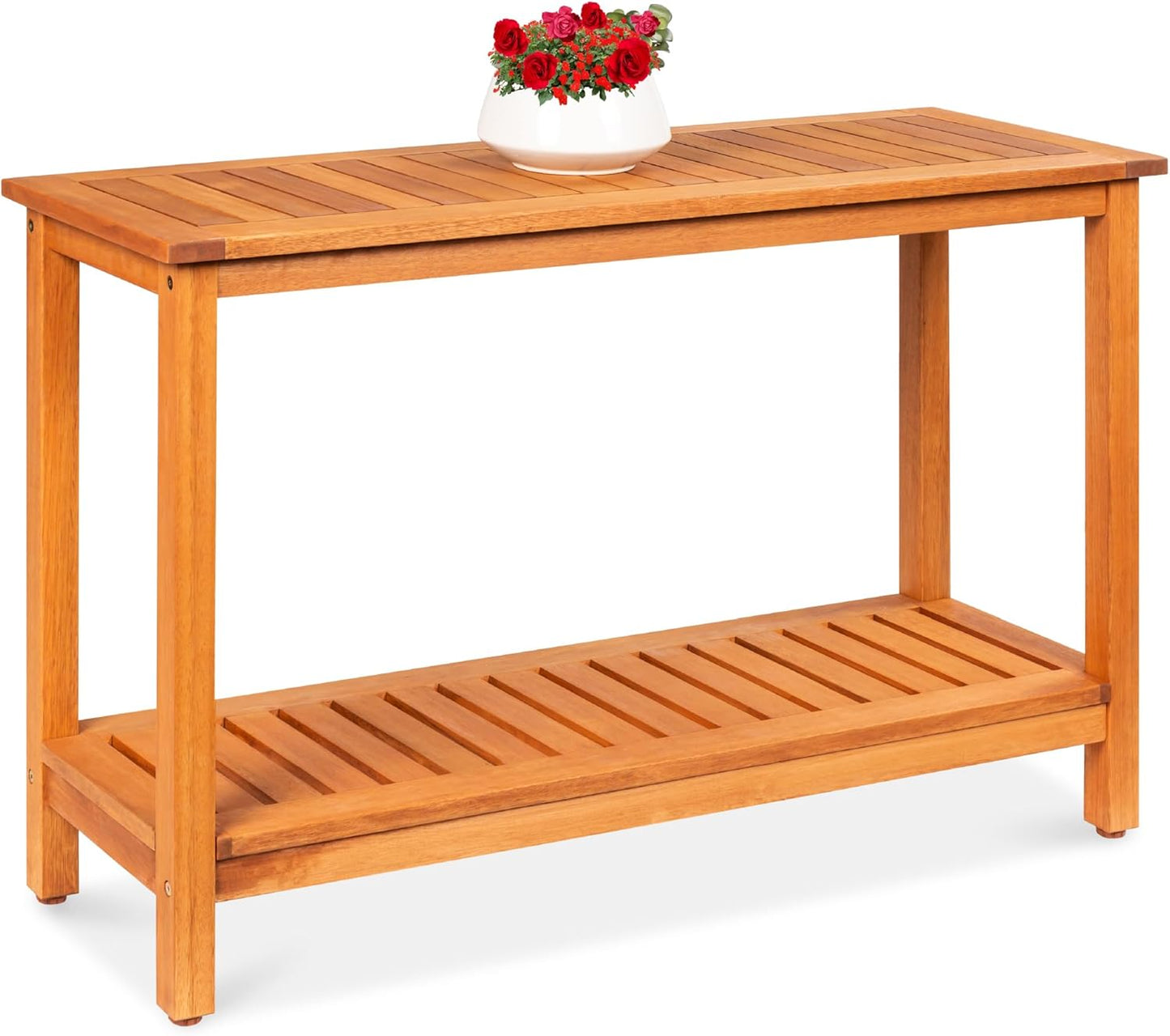 Best Choice Products 48in 2-Shelf Eucalyptus Wooden Console Table Indoor Outdoor Multifunctional Buffet Bar Storage Organizer w/Foot Sliders - Gray