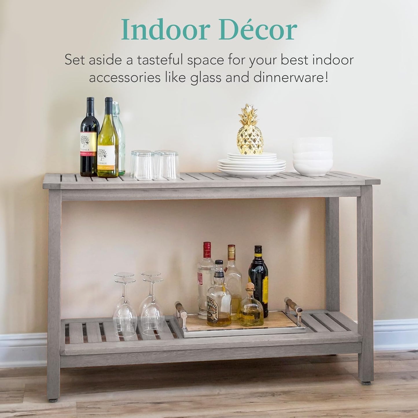 Best Choice Products 48in 2-Shelf Eucalyptus Wooden Console Table Indoor Outdoor Multifunctional Buffet Bar Storage Organizer w/Foot Sliders - Gray