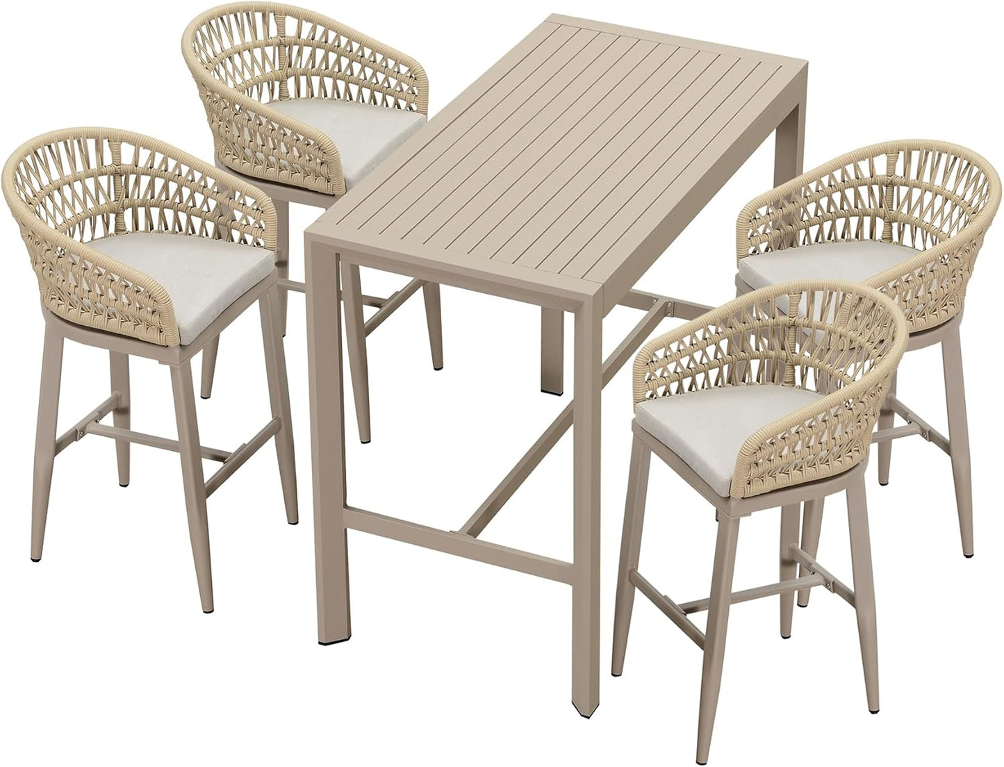 PURPLE LEAF 3 Pieces Outdoor Rattan 29" Bar Stools and Table Set, Modern Boho Aluminum Patio Bar Height Chair Bar Table for Outdoor and Indoor, Champagne