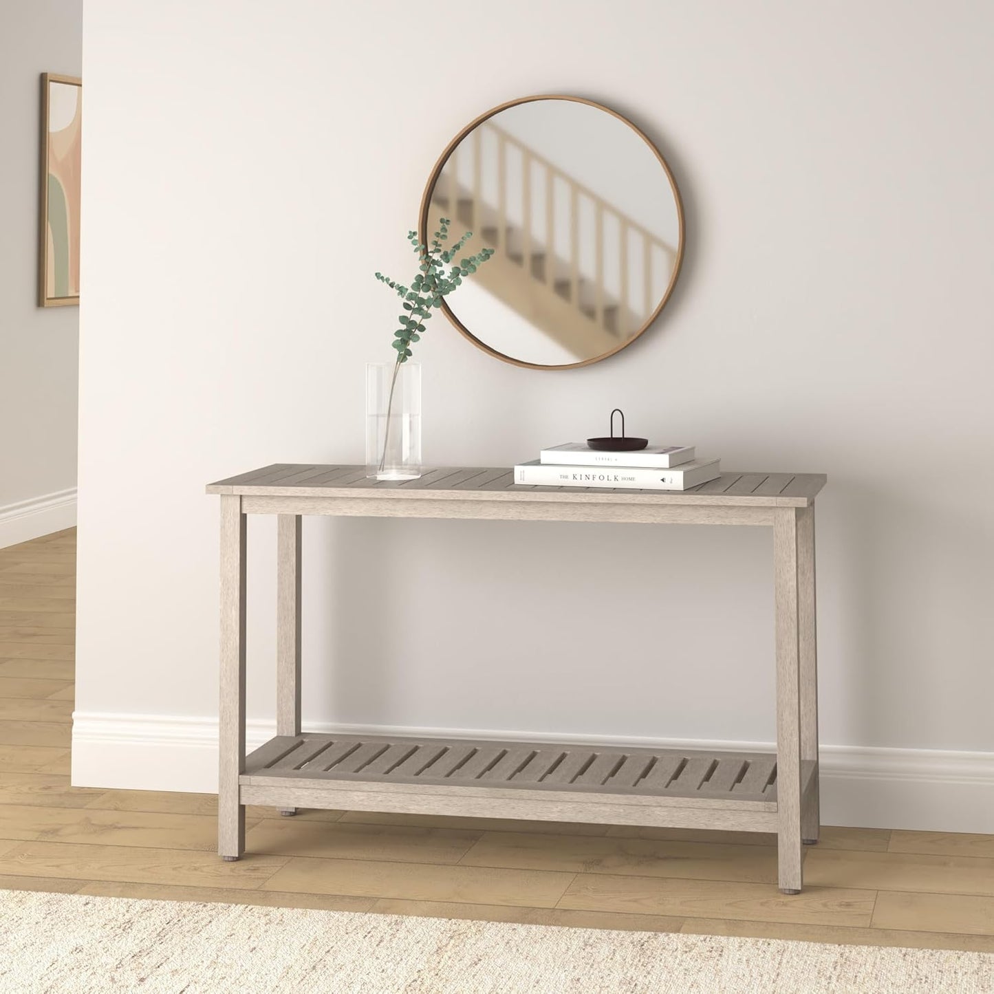 Best Choice Products 48in 2-Shelf Eucalyptus Wooden Console Table Indoor Outdoor Multifunctional Buffet Bar Storage Organizer w/Foot Sliders - Gray