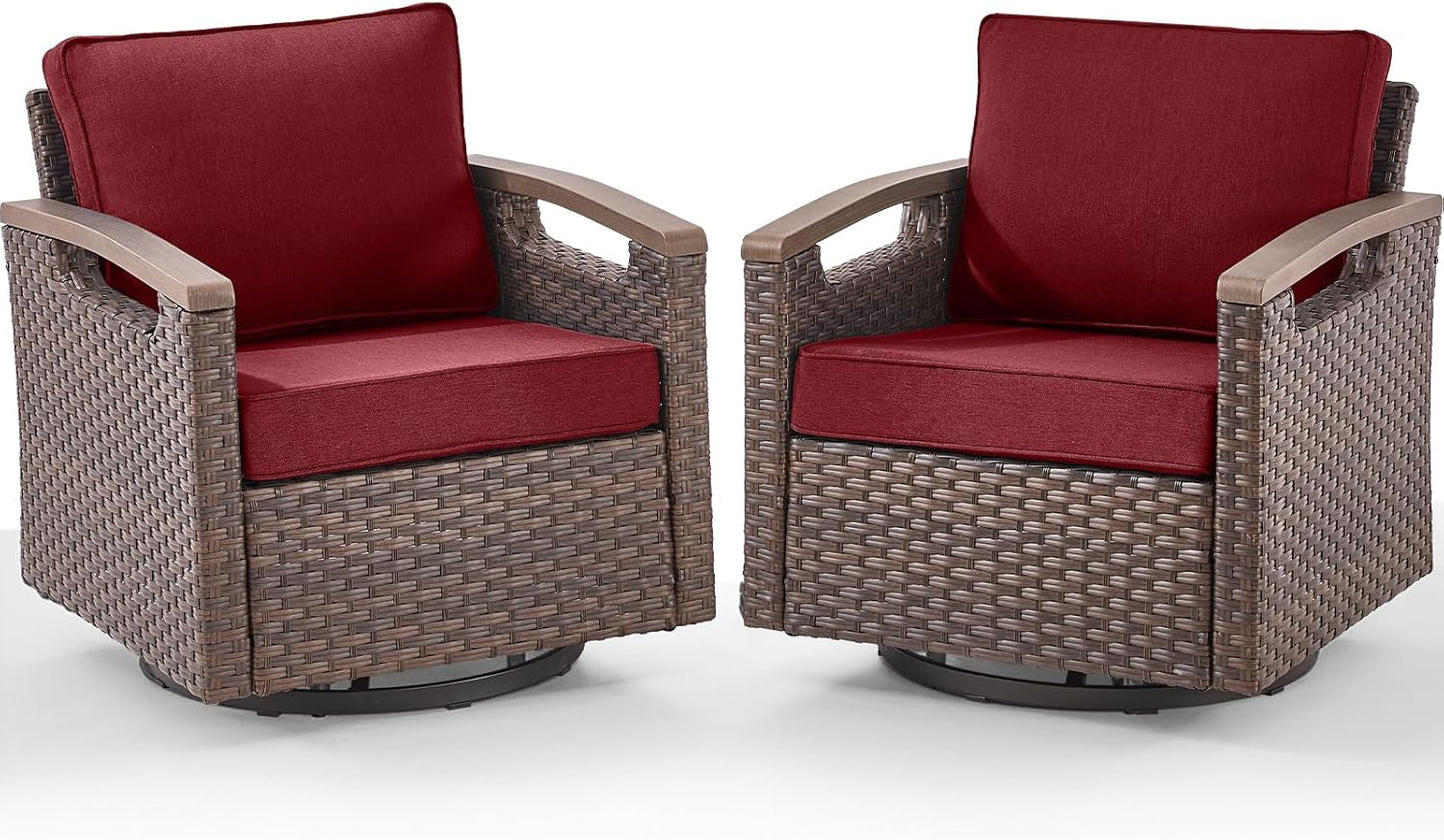 Outdoor Patio Swivel Rocking Chairs Set of 2, All Weather Wicker, Metal Armrest, Deep Seating, Thick Comfortable Cushions, Ideal for Deck Porch Backyard, Brown/Beige