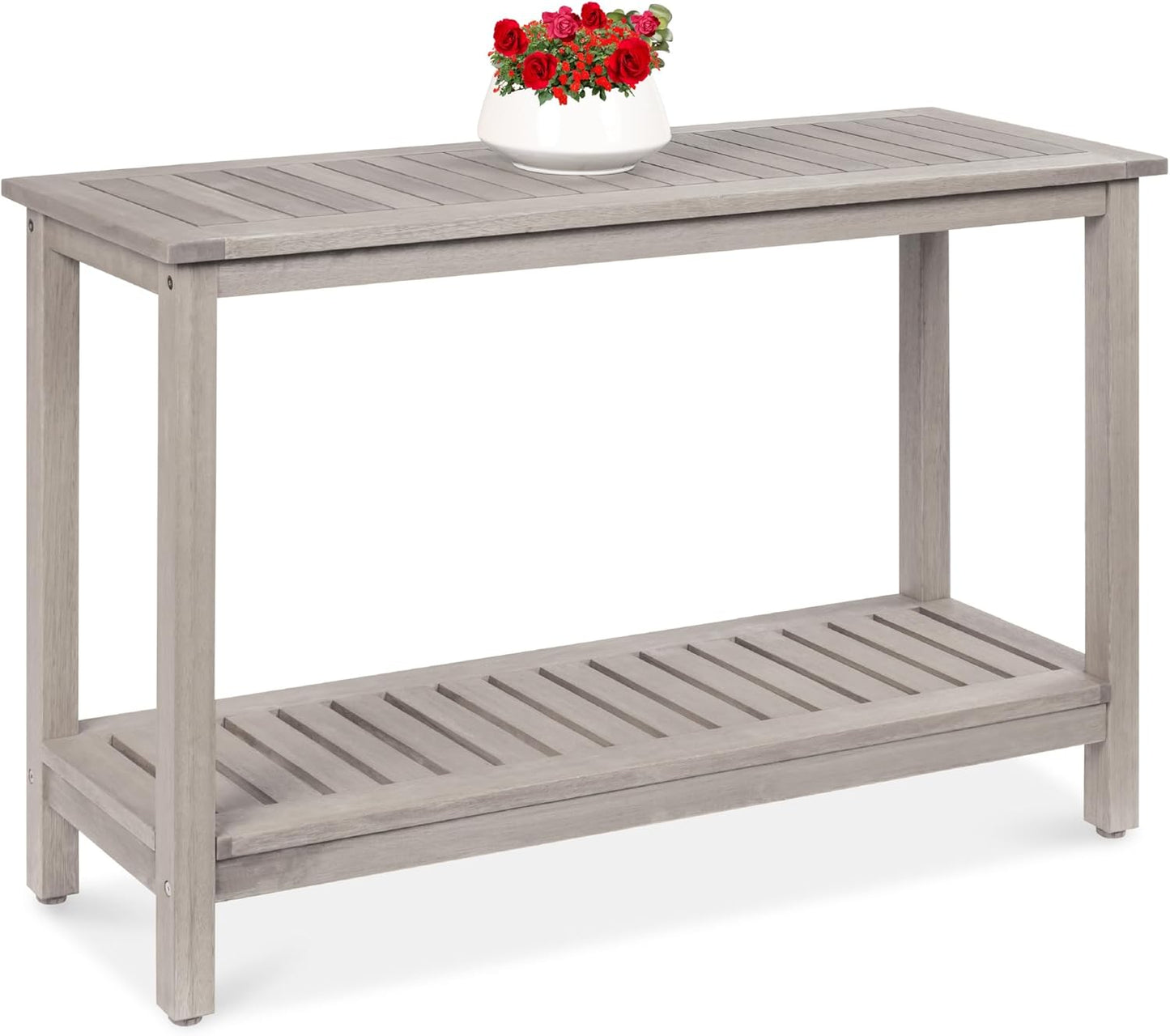 Best Choice Products 48in 2-Shelf Eucalyptus Wooden Console Table Indoor Outdoor Multifunctional Buffet Bar Storage Organizer w/Foot Sliders - Gray