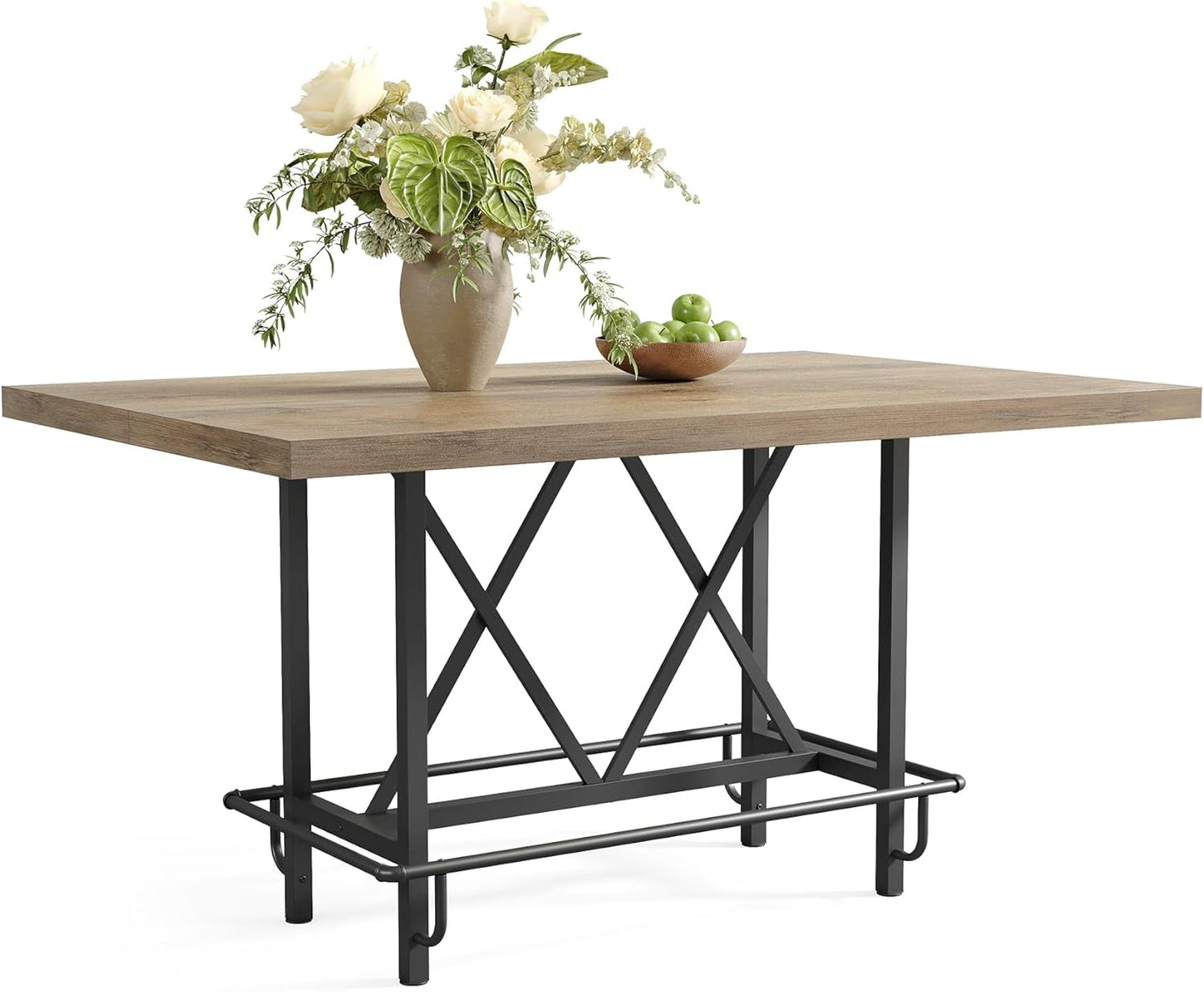 LITTLE TREE 63-Inch Industrial Bar Table with Metal Footrest, Counter Height Pub Table for Kitchen, Home Bar & Entertaining (Brown)
