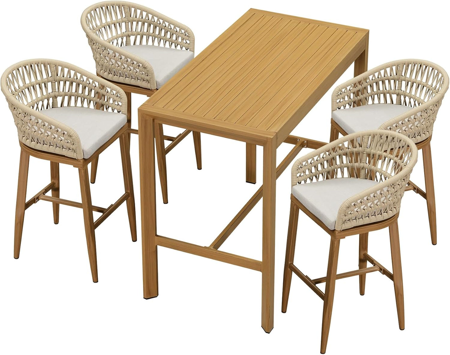 PURPLE LEAF 3 Pieces Outdoor Rattan 29" Bar Stools and Table Set, Modern Boho Aluminum Patio Bar Height Chair Bar Table for Outdoor and Indoor, Champagne