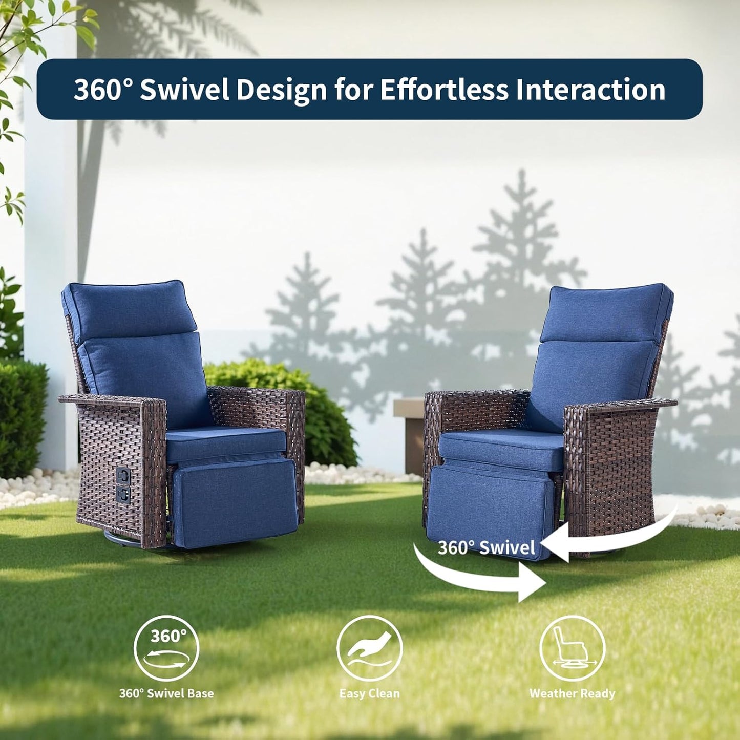 Swivel Patio Recliner Chairs Set of 2, 360° Rotation Outdoor Lounge Chairs, Adjustable Backrest & Footrest, Wide Armrests, PE Wicker with Removable Cushions for Deck, Poolside, Garden