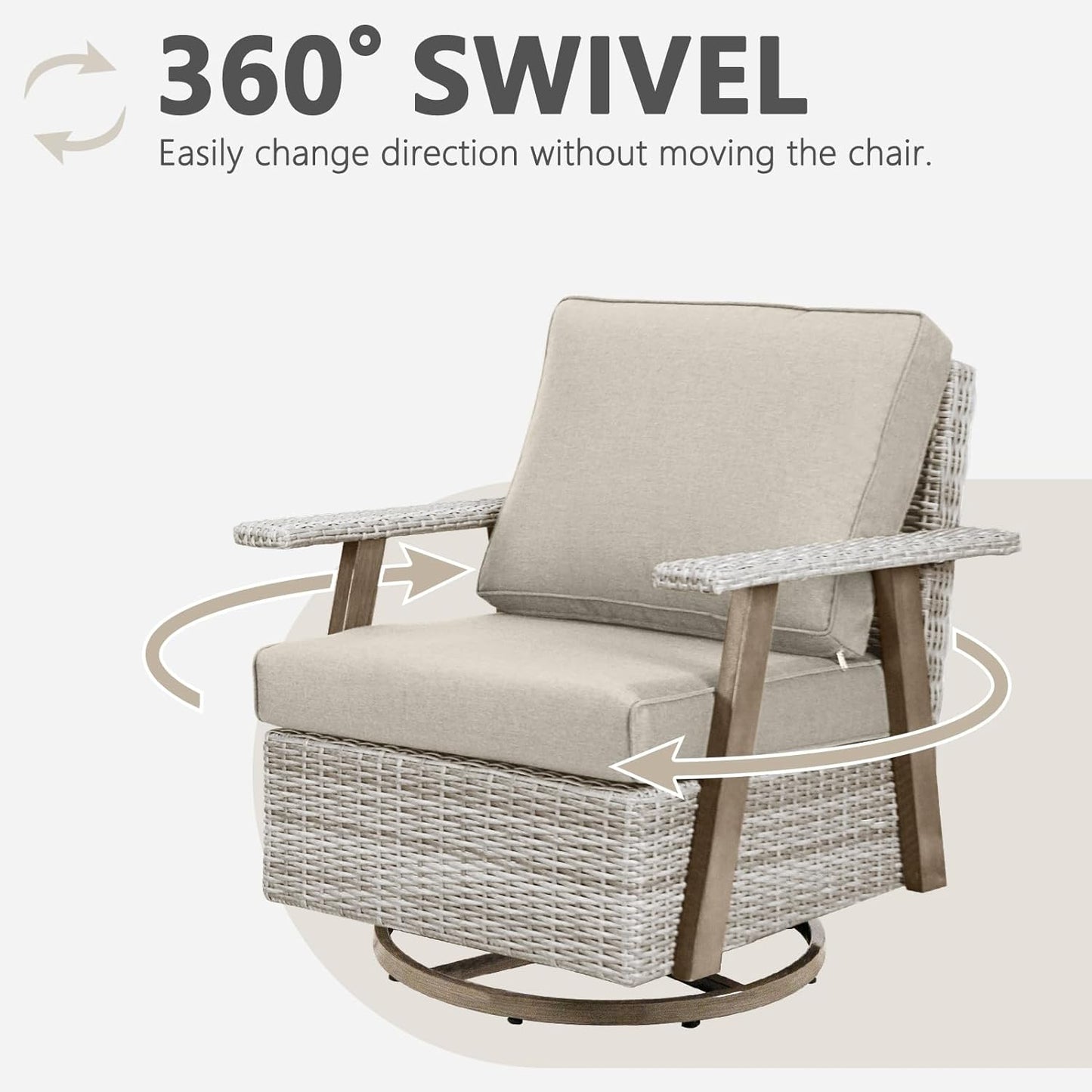 2 PCS Outdoor Patio Furniture Set, Oversized Swivel Patio Chairs Set of 2, Outdoor Swivel Rocking Glider Chairs Set, Brown/Taupe PE Wicker Rocking Chair with Cushion