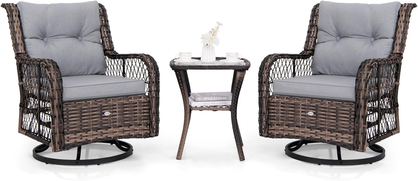 Tangkula 3 Piece Patio Swivel Rocker Set, 2 Outdoor Wicker Rocking Chairs with Tempered Glass Side Table, Outside Gliding Bistro Furniture Set with Thick Cushions for Porch, Yard, Balcony (Beige)