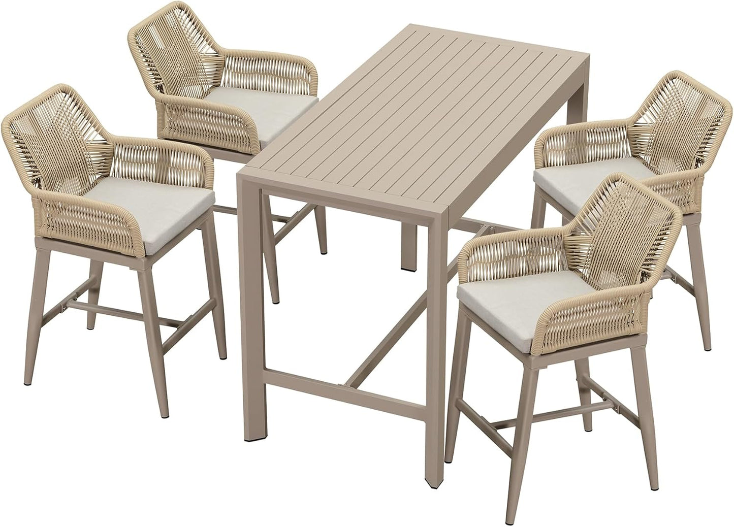 PURPLE LEAF 3 Pieces Outdoor Rattan 29" Bar Stools and Table Set, Modern Boho Aluminum Patio Bar Height Chair Bar Table for Outdoor and Indoor, Champagne