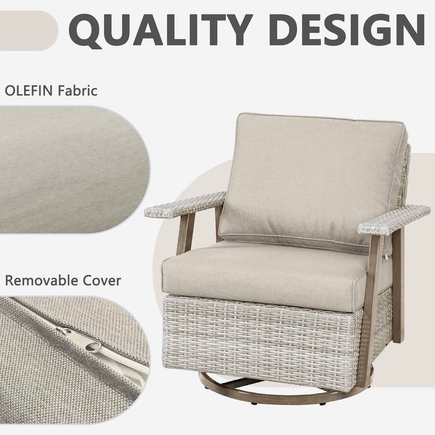 2 PCS Outdoor Patio Furniture Set, Oversized Swivel Patio Chairs Set of 2, Outdoor Swivel Rocking Glider Chairs Set, Brown/Taupe PE Wicker Rocking Chair with Cushion