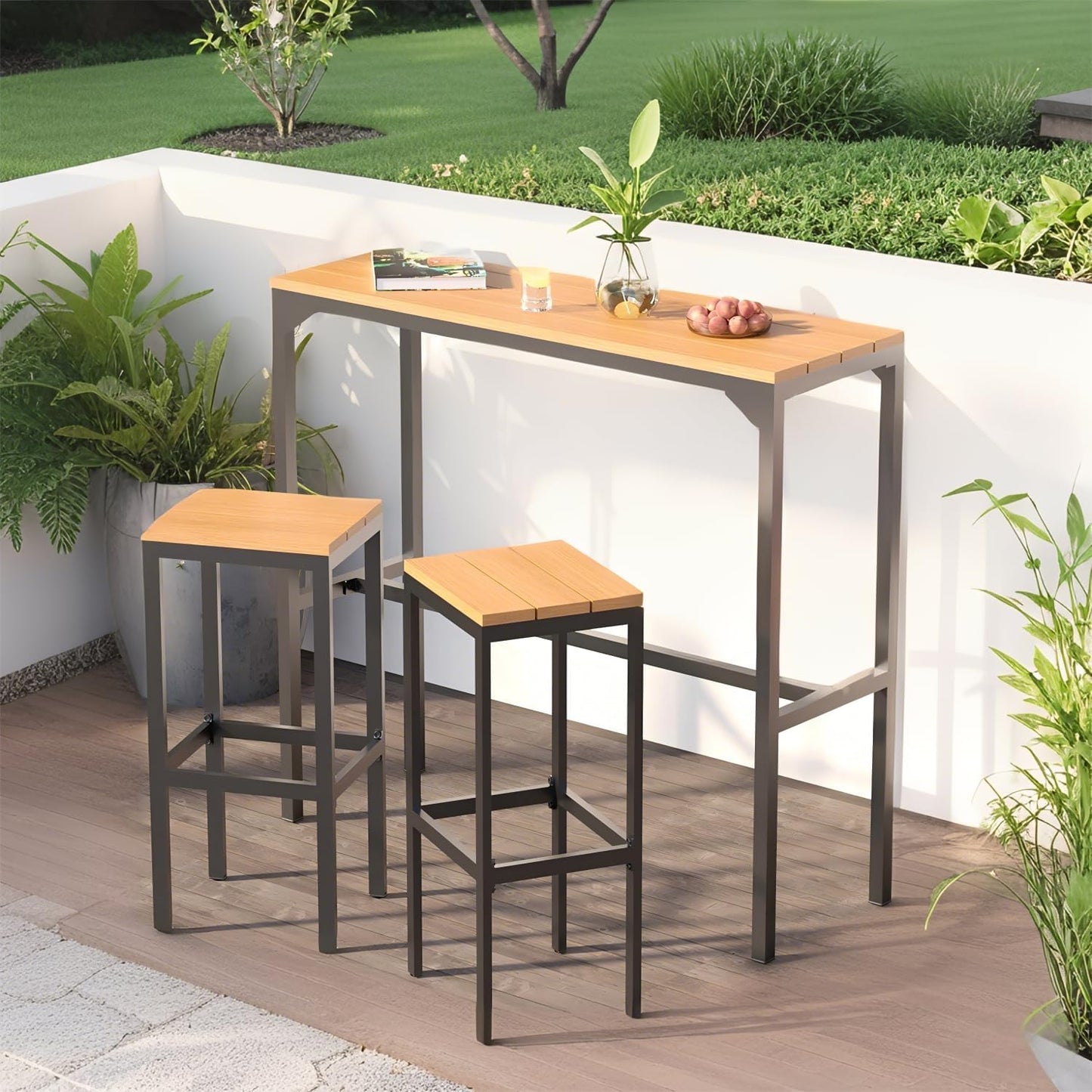 AECOJOY 3-Piece Outdoor Bar Set, Patio Bar Height Table and Chairs Set 47" Rectangular Pub Height Bar Table with 2 Bar Stools Patio Pub Bar Set for Balcony, Porch