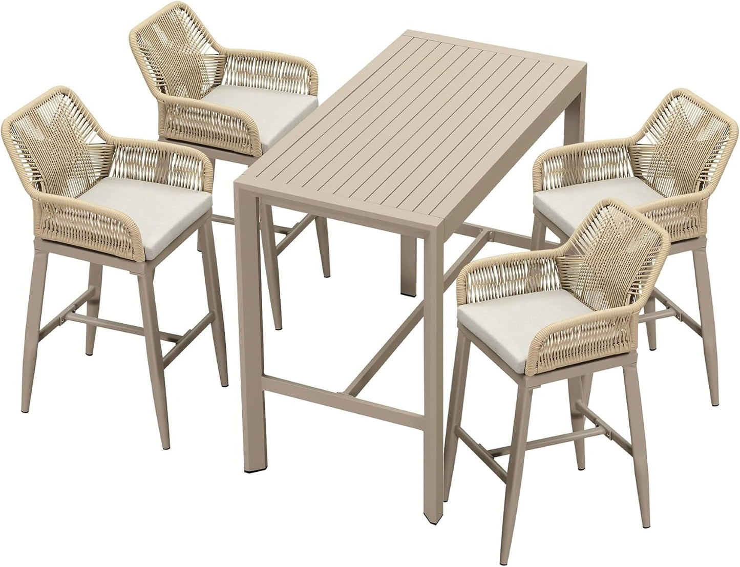 PURPLE LEAF 3 Pieces Outdoor Rattan 29" Bar Stools and Table Set, Modern Boho Aluminum Patio Bar Height Chair Bar Table for Outdoor and Indoor, Champagne