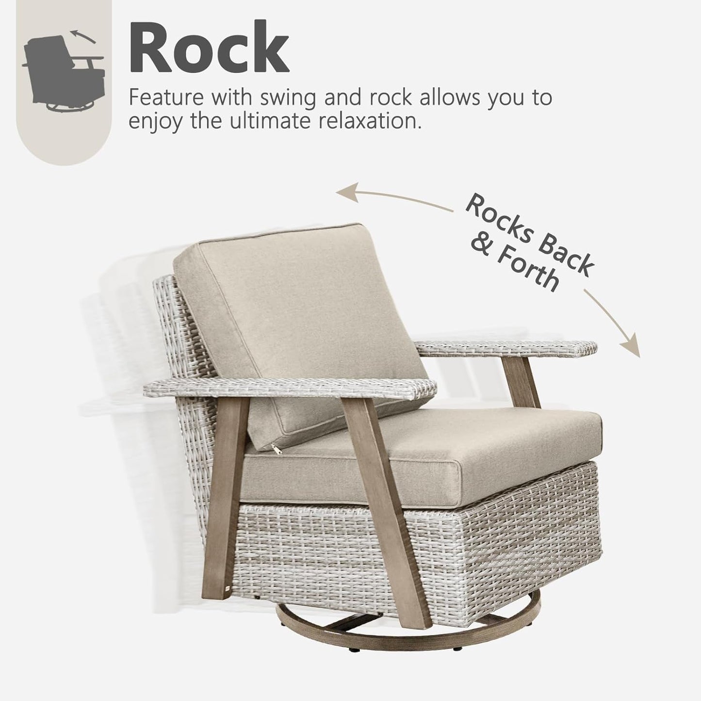 2 PCS Outdoor Patio Furniture Set, Oversized Swivel Patio Chairs Set of 2, Outdoor Swivel Rocking Glider Chairs Set, Brown/Taupe PE Wicker Rocking Chair with Cushion