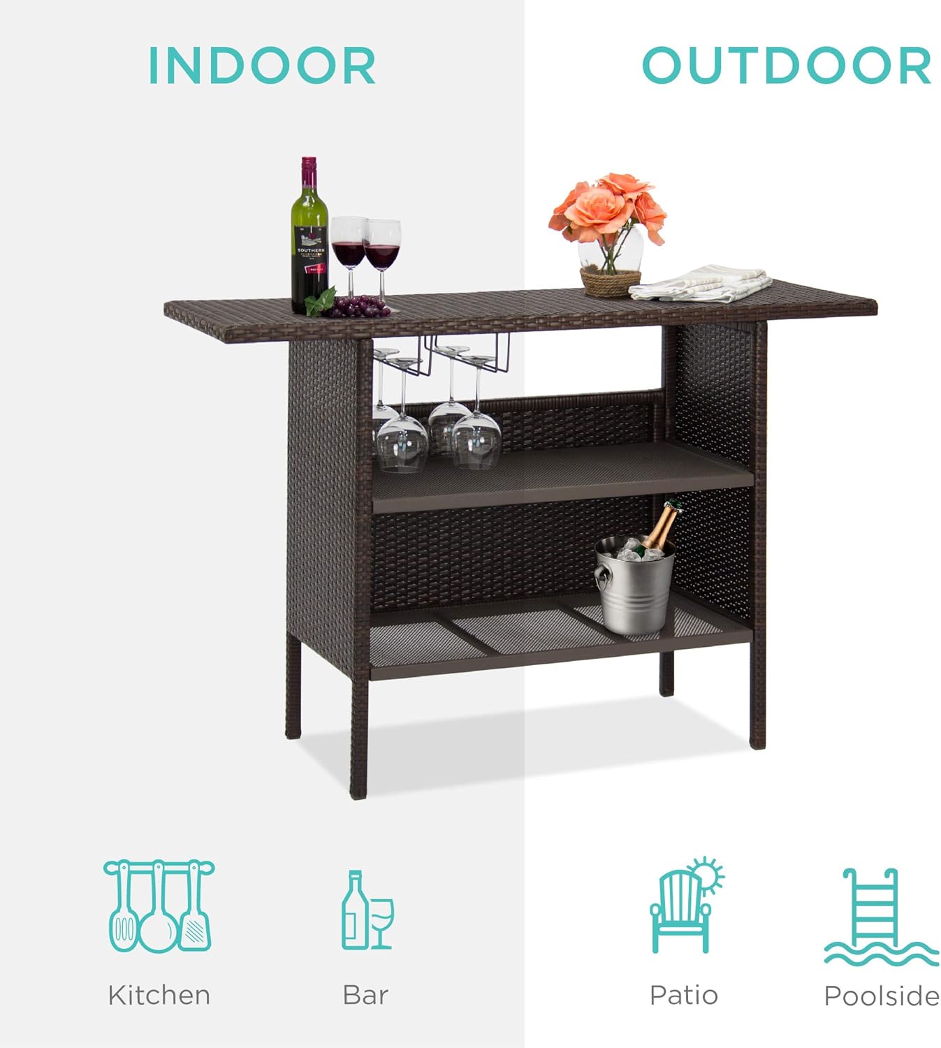 Best Choice Products Outdoor Patio Wicker Bar Counter Table Backyard Furniture w/ 2 Steel Shelves and 2 Sets of Rails - Brown