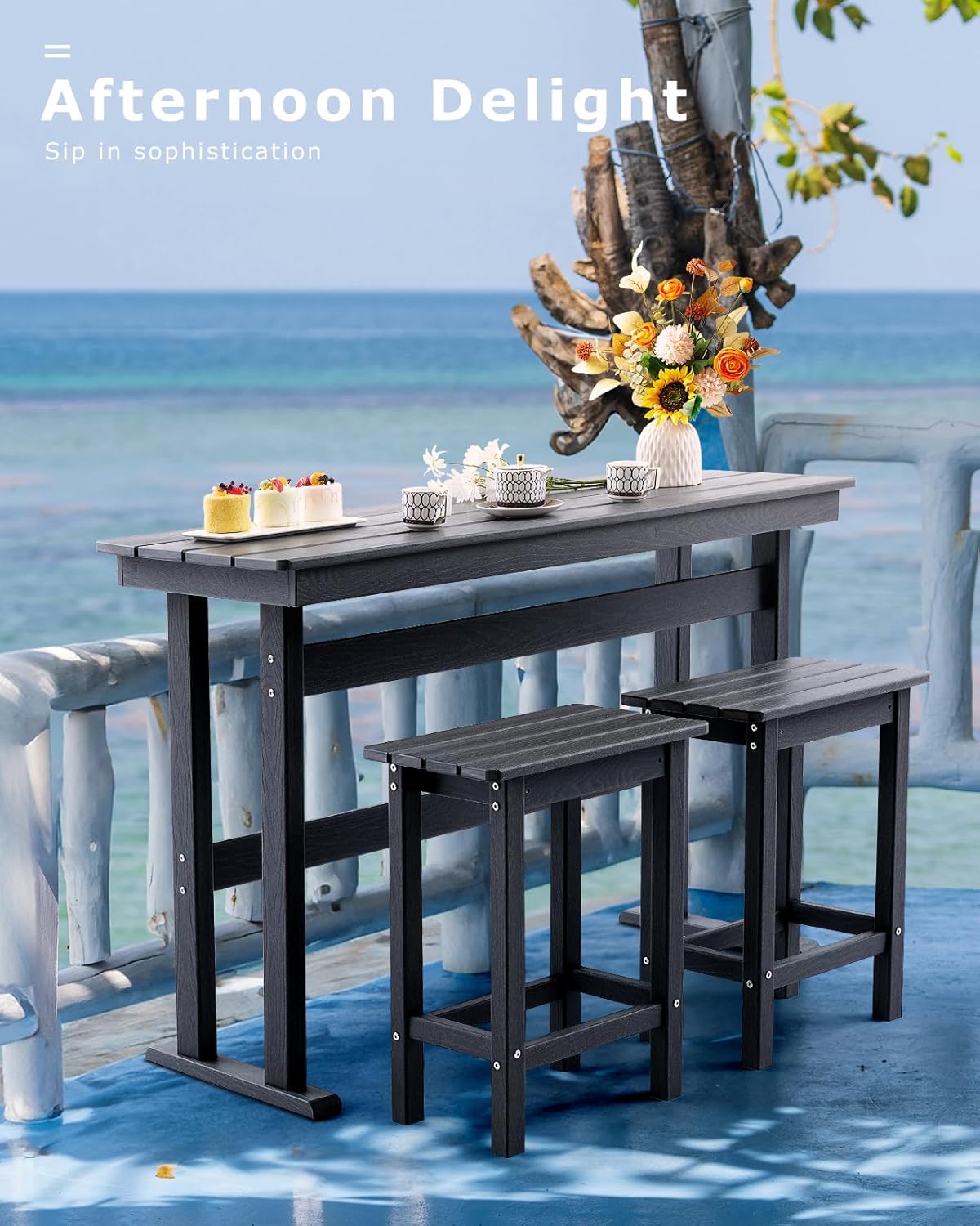 3 Piece HDPE Outdoor Bar Height Table and Chairs Set of 2 Includes High Top Patio Table and Chairs, Outside Patio Bar Set for Bistro,Balcony,Backyard,Poolside (Grey, 3 Piece)