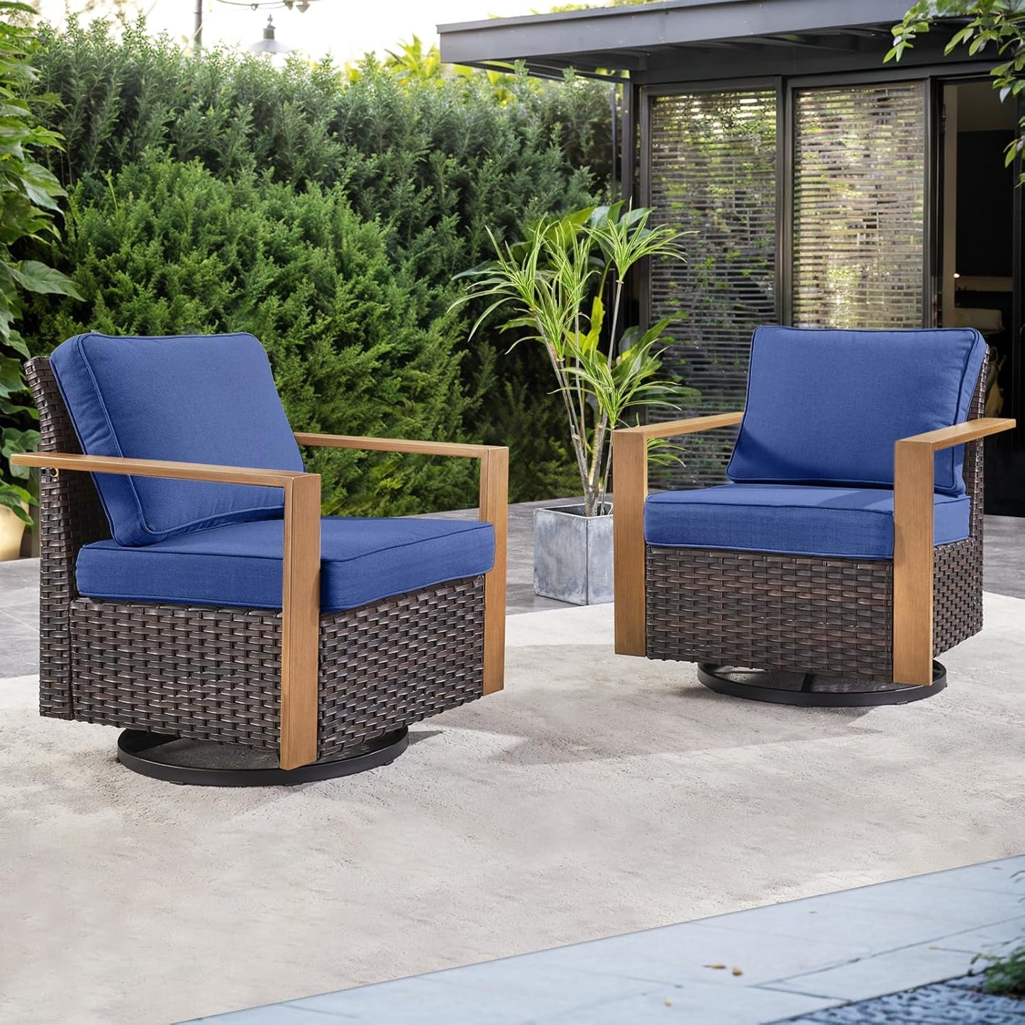 Outdoor Patio Swivel Rocker Chairs - Wicker Rattan Patio Swivel Rocking Chairs Set of 2 with Metal Wide Armrest, Thick Cushions and Deep Seating for Deck Porch Sunroom Garden(Brown/Grey)