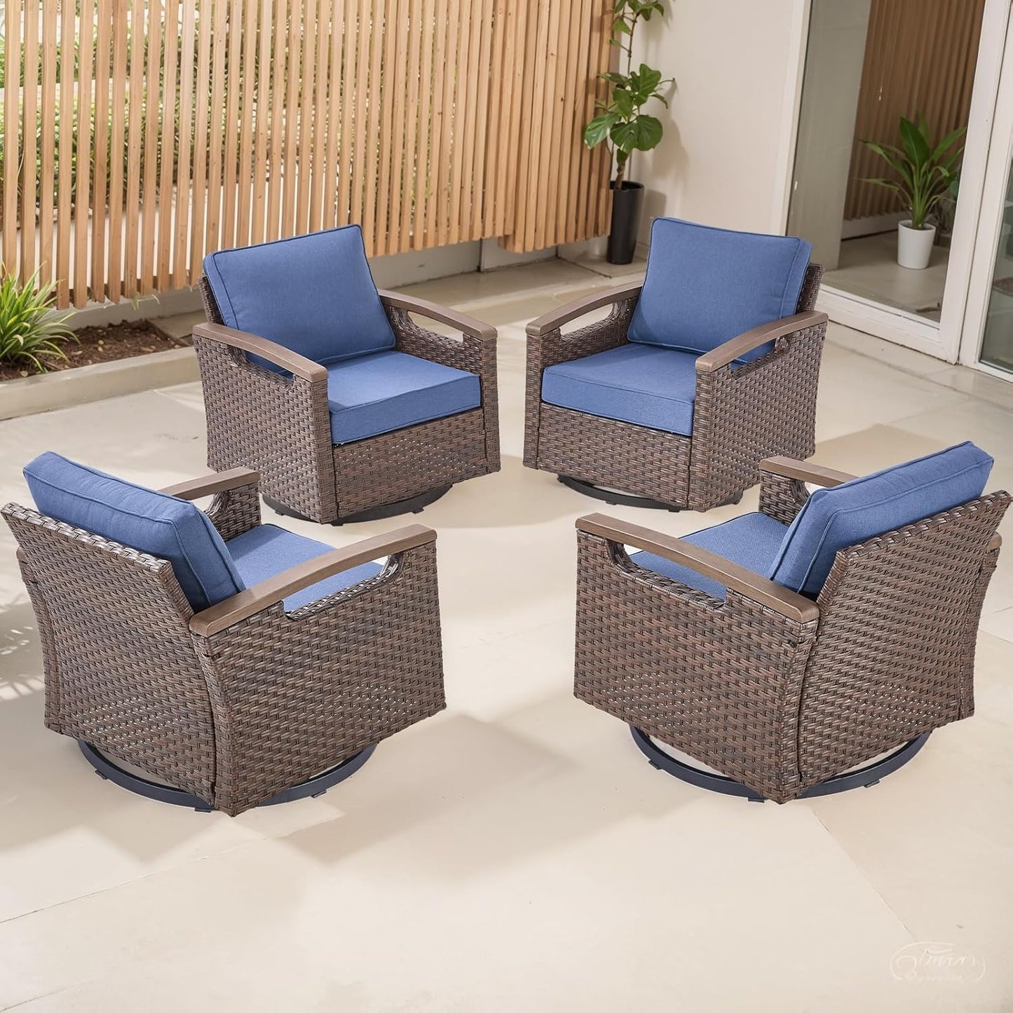Outdoor Patio Swivel Rocking Chairs Set of 2, All Weather Wicker, Metal Armrest, Deep Seating, Thick Comfortable Cushions, Ideal for Deck Porch Backyard, Brown/Beige