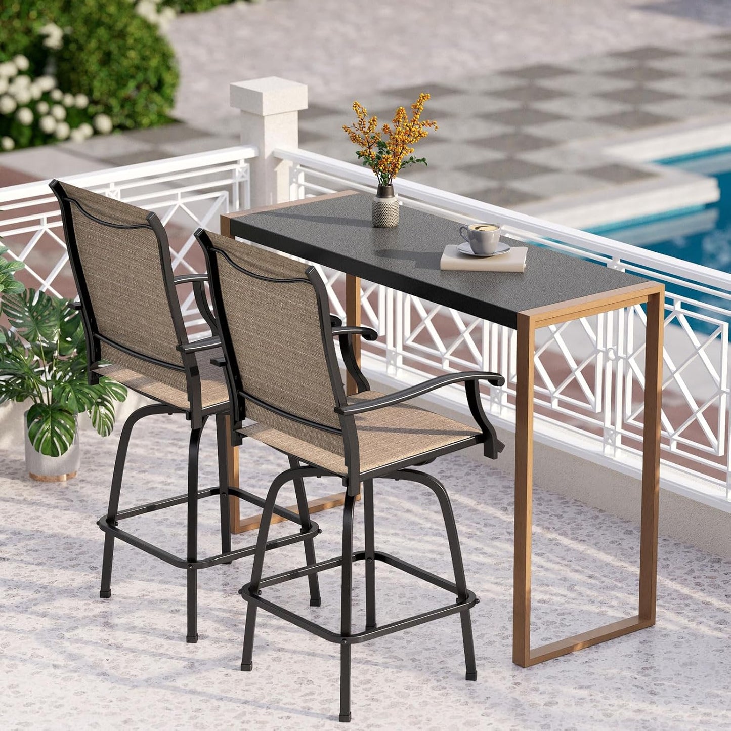 PHI VILLA Outdoor Bar Table for 2-4 Person - 55" W x 40" H Bar Height Patio Bistro Table with Stone Texture Top & Adjustable Non-Scratch Feet for Garden, Backyard, Poolside, Balcony, Patio Dining