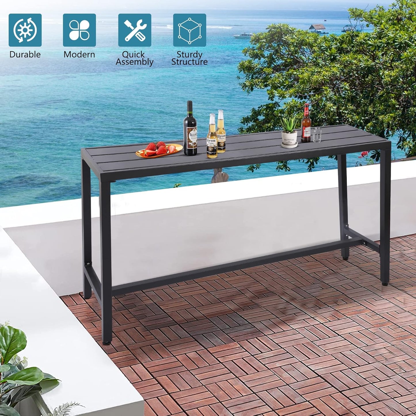 Outdoor Bar Table, Patio Console Pub Height Table with Powder Coated Steel Frame, Weather Resistant Waterproof Top for Hot Tub, Balcony, Garden, Yard, Poolside