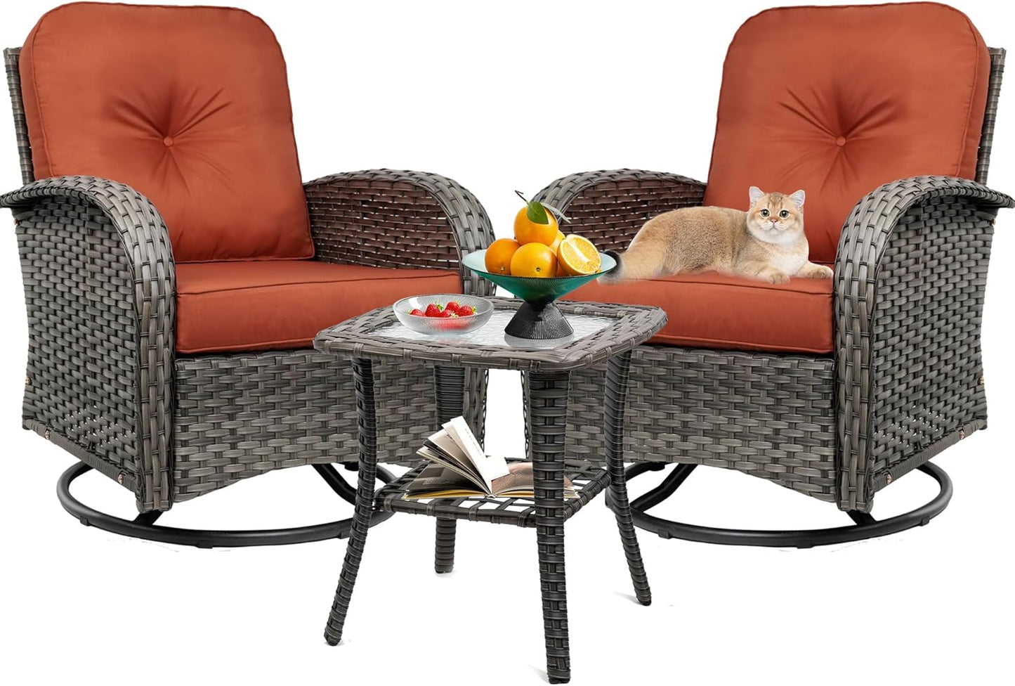 3-Piece Swivel Rocker Wicker Chair Set of 2 ,360-Degree Rocking Chairs Outdoor with Cushions,Glass Table for Garden,Backyard, Bistro.Brown