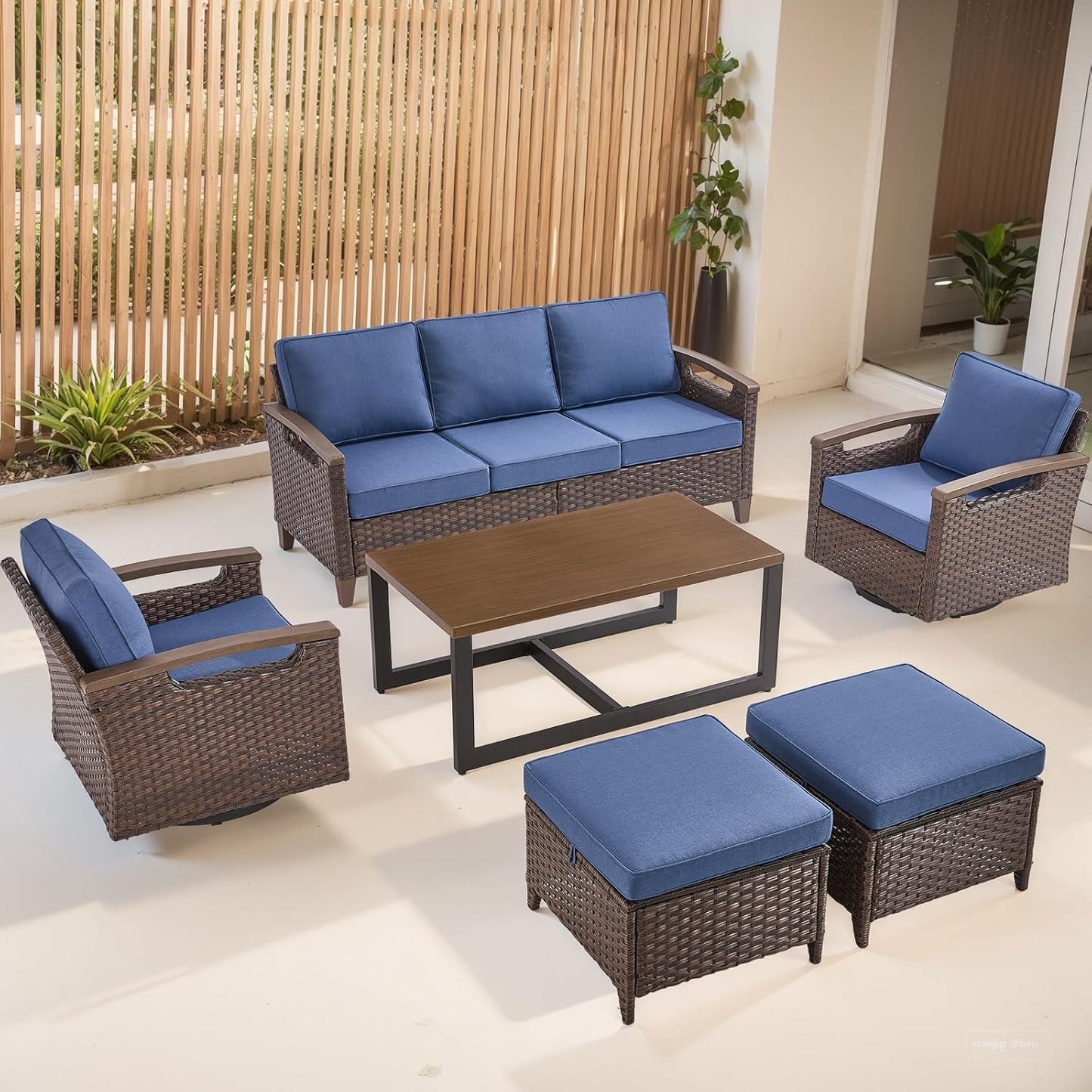 Outdoor Patio Swivel Rocking Chairs Set of 2, All Weather Wicker, Metal Armrest, Deep Seating, Thick Comfortable Cushions, Ideal for Deck Porch Backyard, Brown/Beige