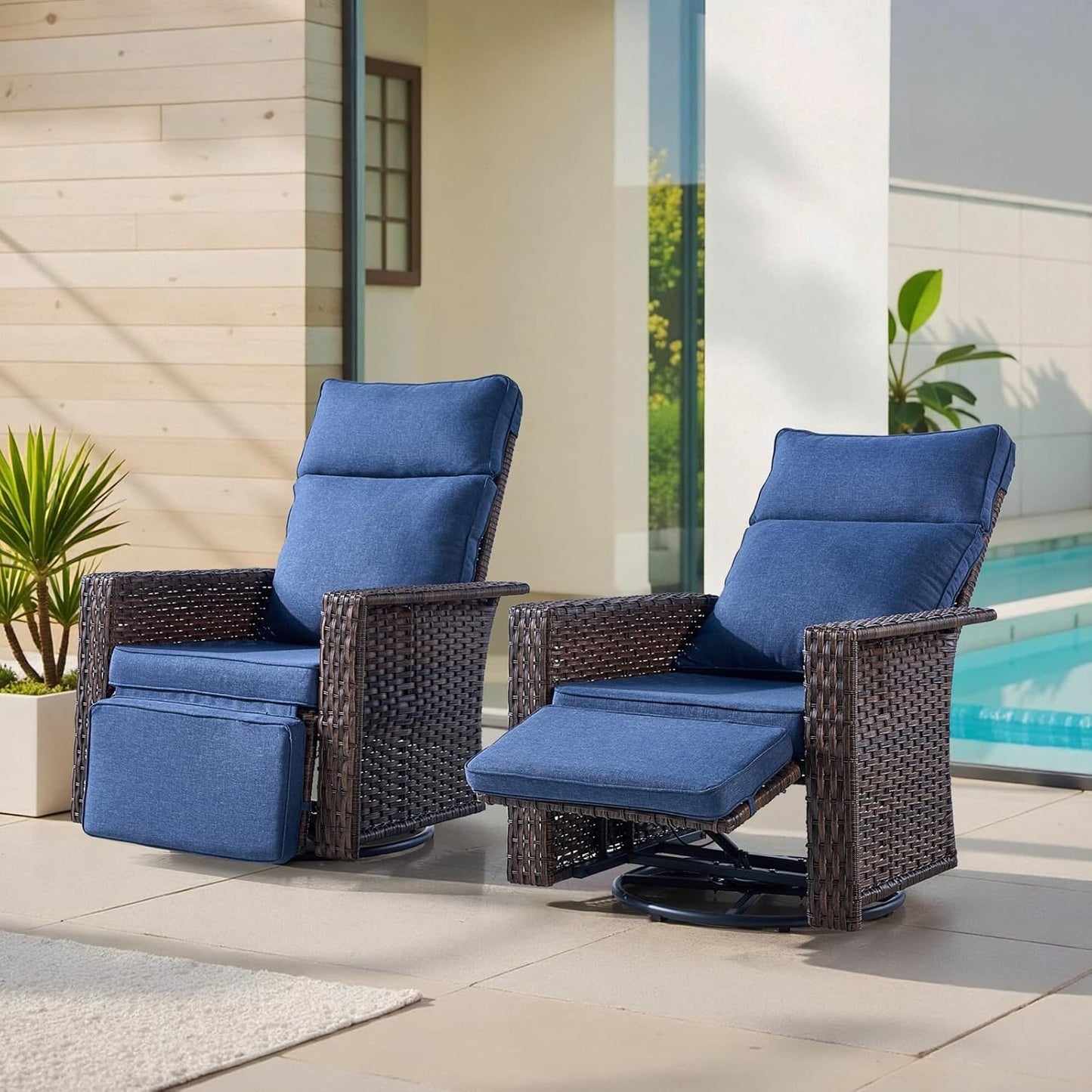 Swivel Patio Recliner Chairs Set of 2, 360° Rotation Outdoor Lounge Chairs, Adjustable Backrest & Footrest, Wide Armrests, PE Wicker with Removable Cushions for Deck, Poolside, Garden