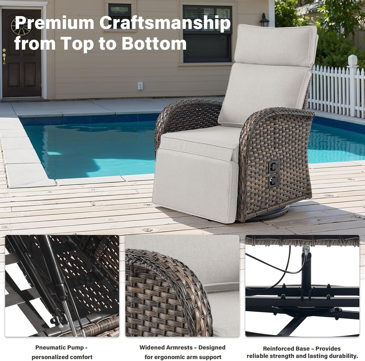 Dual-Adjust Outdoor Swivel Recliner Chair – Reclining Patio Chair with Adjustable Backrest and Footrest, All-Weather Wicker Chaise Lounge Chair Outdoor for Pool Deck Brown (Upgraded 2.0)