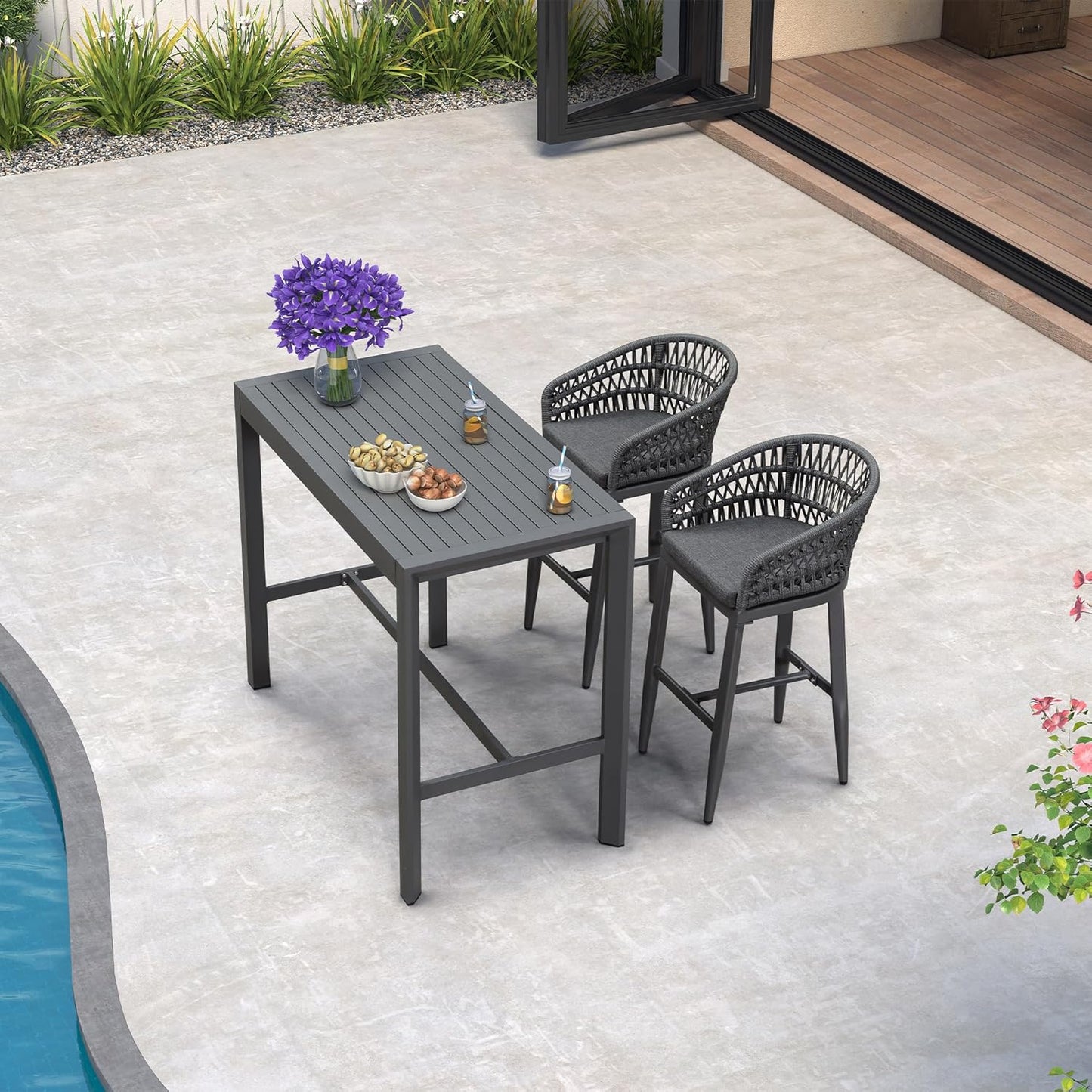 PURPLE LEAF 3 Pieces Outdoor Rattan 29" Bar Stools and Table Set, Modern Boho Aluminum Patio Bar Height Chair Bar Table for Outdoor and Indoor, Champagne