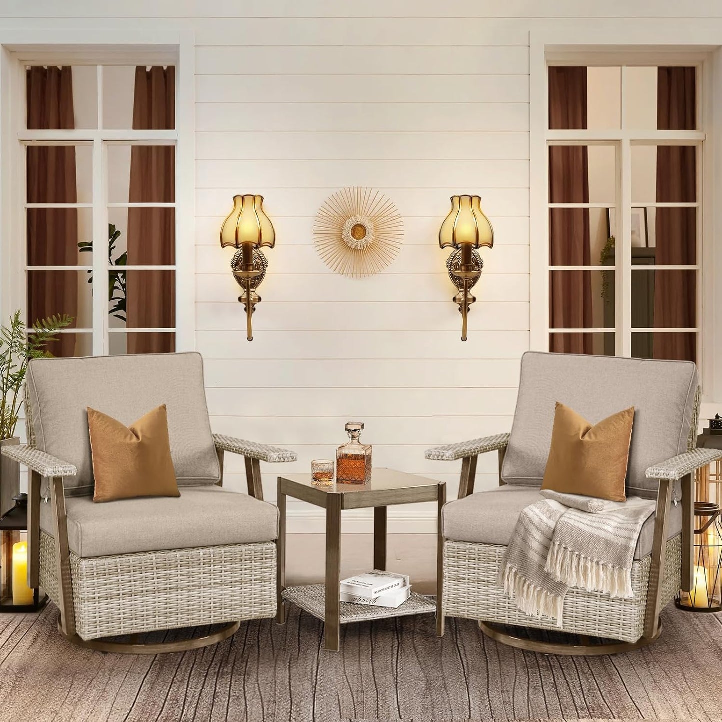 2 PCS Outdoor Patio Furniture Set, Oversized Swivel Patio Chairs Set of 2, Outdoor Swivel Rocking Glider Chairs Set, Brown/Taupe PE Wicker Rocking Chair with Cushion