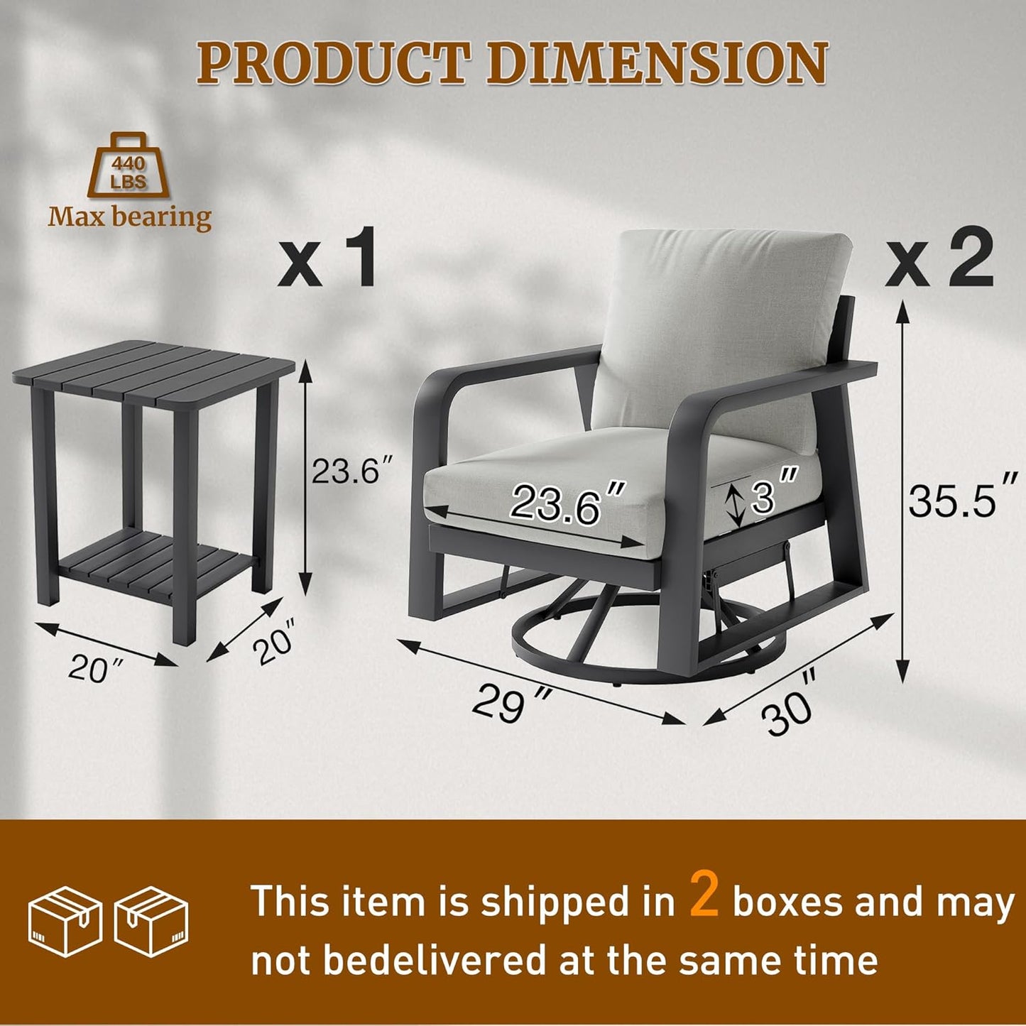 3 Piece Aluminum Outdoor Swivel Rocking Chairs Set, All Weather Swivel Patio Chairs for Porch Deck Balcony Garden (Silver Gray)