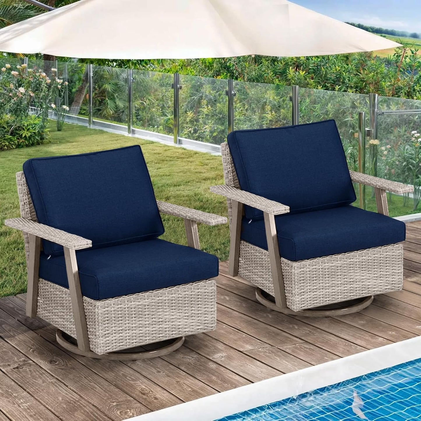2 PCS Outdoor Patio Furniture Set, Oversized Swivel Patio Chairs Set of 2, Outdoor Swivel Rocking Glider Chairs Set, Brown/Taupe PE Wicker Rocking Chair with Cushion