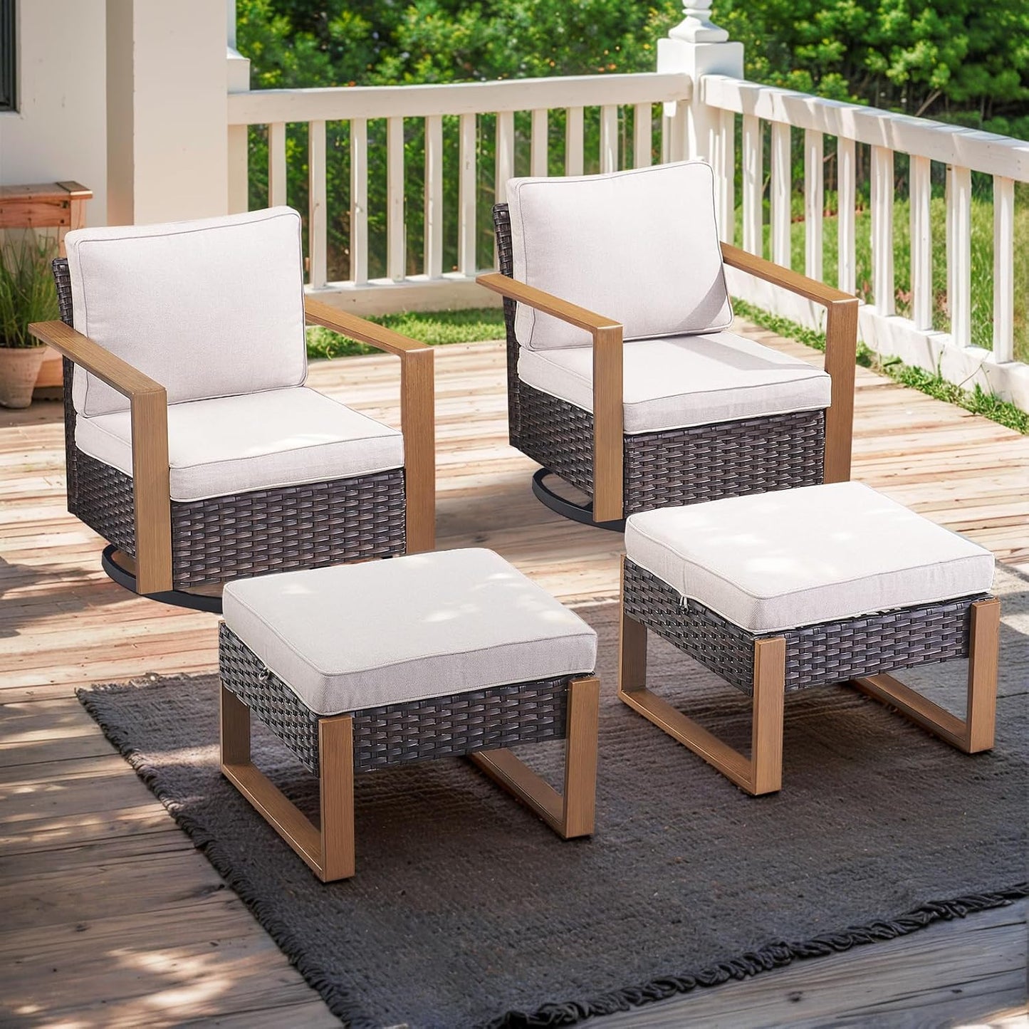 Outdoor Patio Swivel Rocker Chairs - Wicker Rattan Patio Swivel Rocking Chairs Set of 2 with Metal Wide Armrest, Thick Cushions and Deep Seating for Deck Porch Sunroom Garden(Brown/Grey)