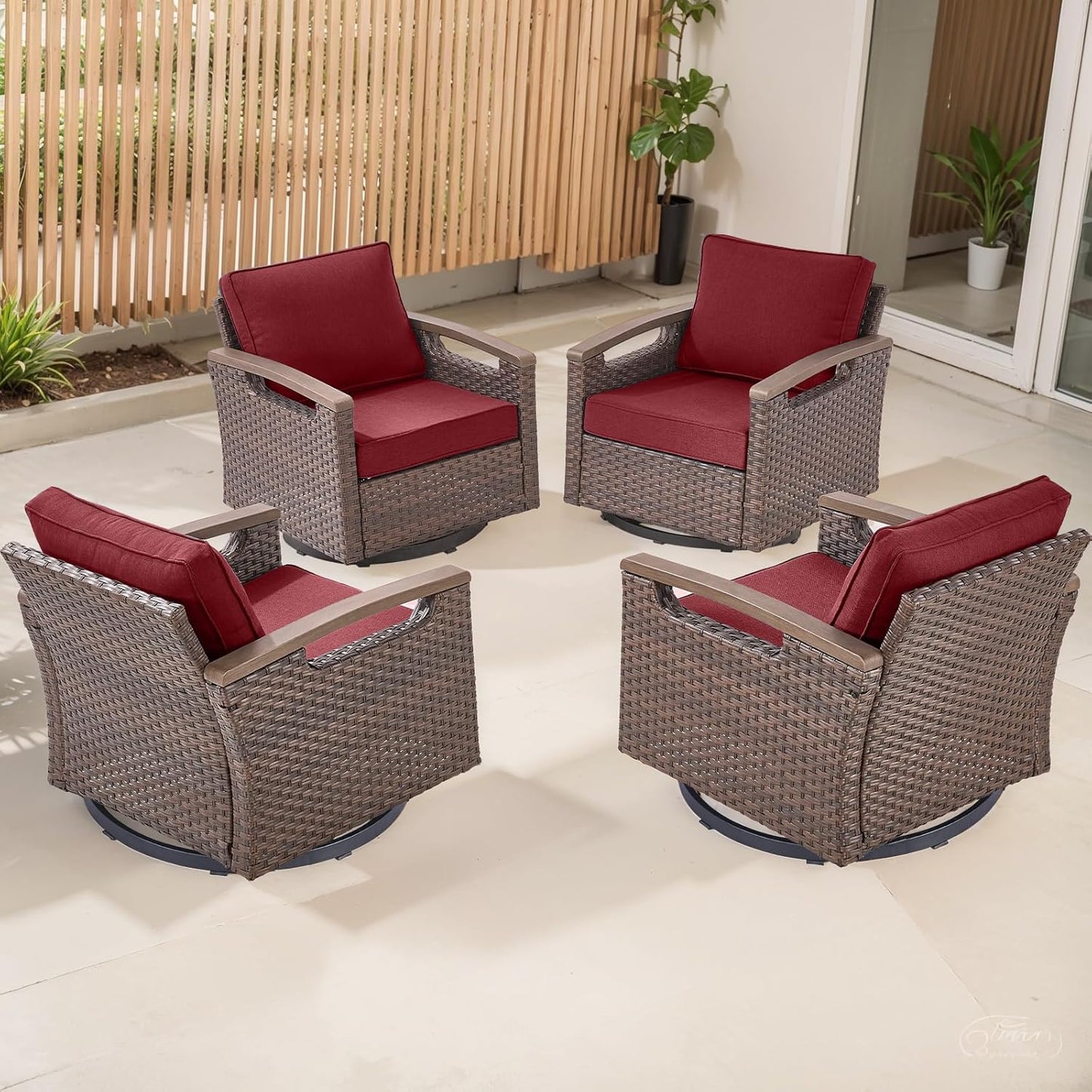Outdoor Patio Swivel Rocking Chairs Set of 2, All Weather Wicker, Metal Armrest, Deep Seating, Thick Comfortable Cushions, Ideal for Deck Porch Backyard, Brown/Beige