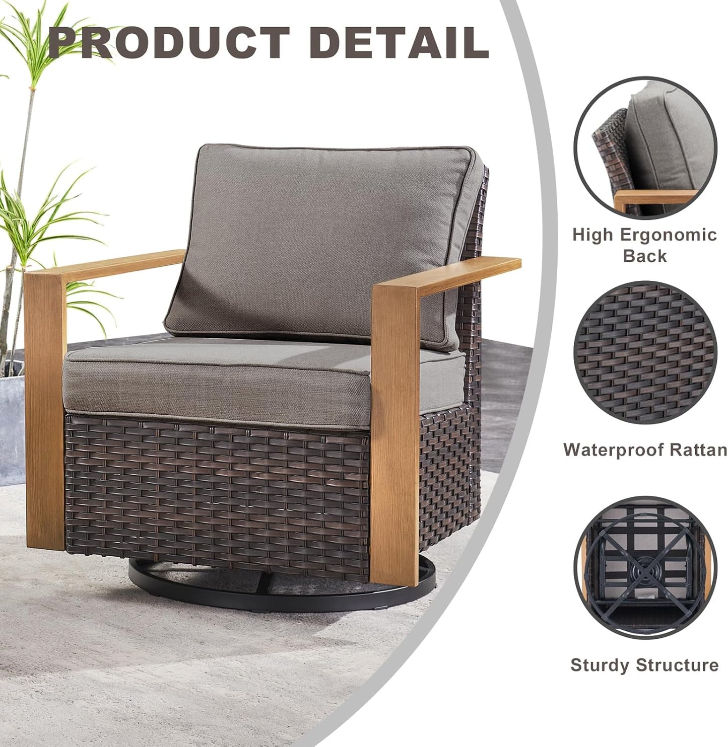 Outdoor Patio Swivel Rocker Chairs - Wicker Rattan Patio Swivel Rocking Chairs Set of 2 with Metal Wide Armrest, Thick Cushions and Deep Seating for Deck Porch Sunroom Garden(Brown/Grey)