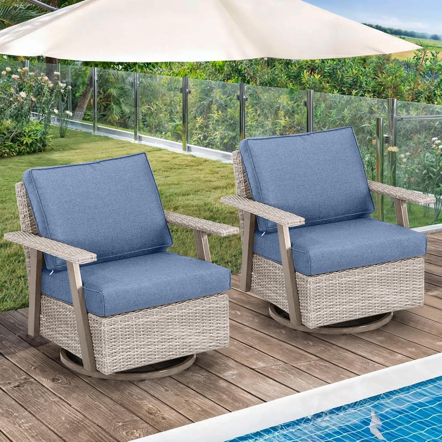 2 PCS Outdoor Patio Furniture Set, Oversized Swivel Patio Chairs Set of 2, Outdoor Swivel Rocking Glider Chairs Set, Brown/Taupe PE Wicker Rocking Chair with Cushion