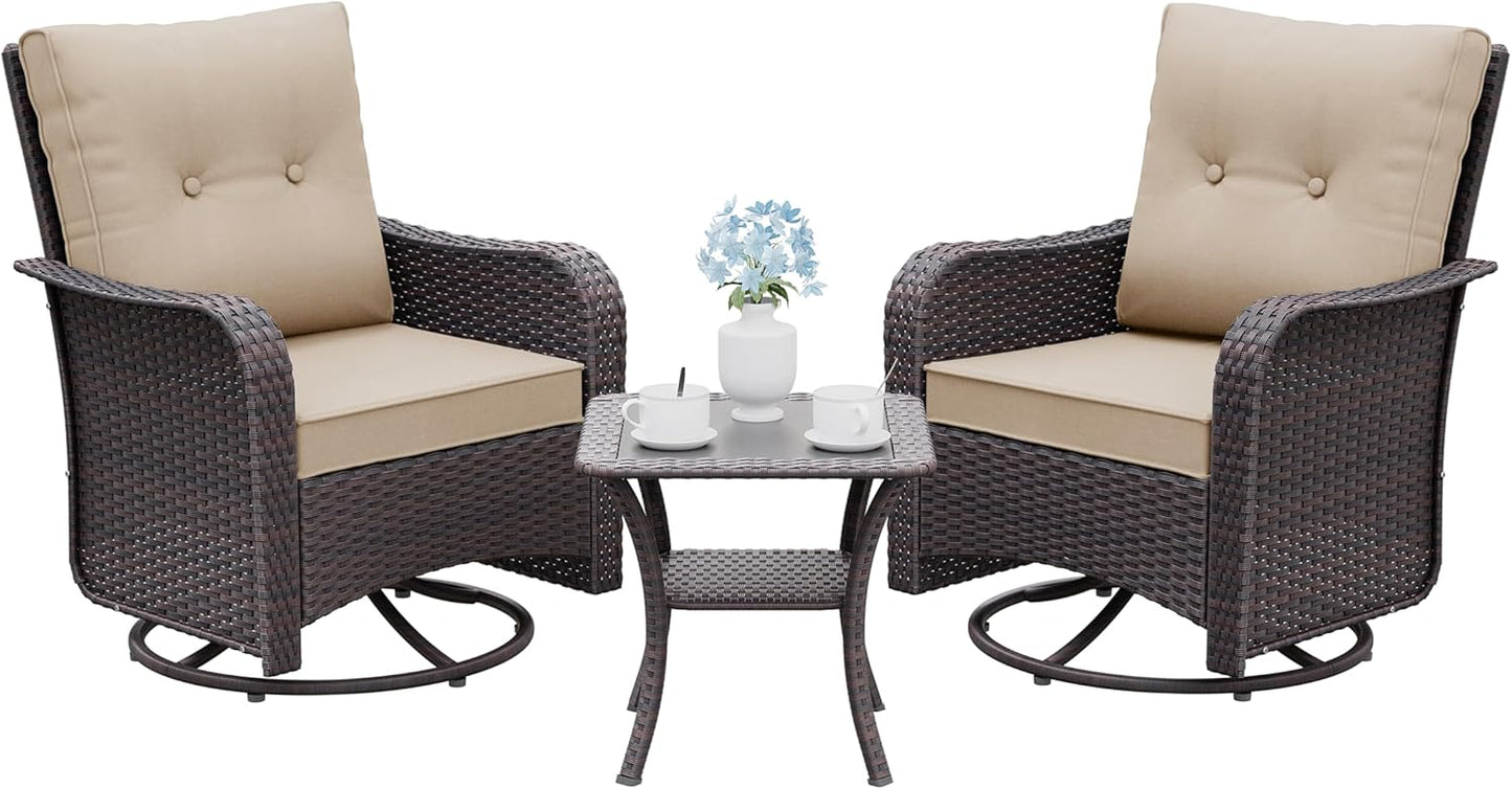 Gotland 3 Pieces Patio Set, Outdoor Swivel Chairs Set of 2 with 4’’ Waterproof Cushions High Back Double-Layer Side Table, Wicker Rocking Patio Chairs Set of 2 for Balcony, Porch, Garden