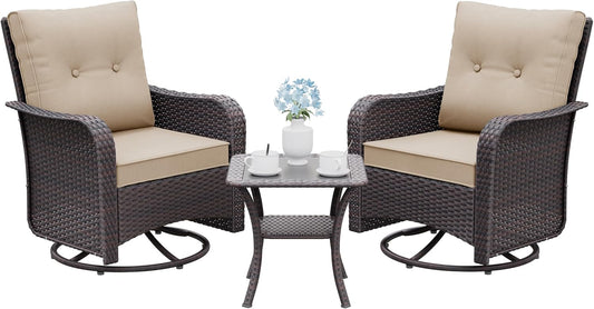 Gotland 3 Pieces Patio Set, Outdoor Swivel Chairs Set of 2 with 4’’ Waterproof Cushions High Back Double-Layer Side Table, Wicker Rocking Patio Chairs Set of 2 for Balcony, Porch, Garden