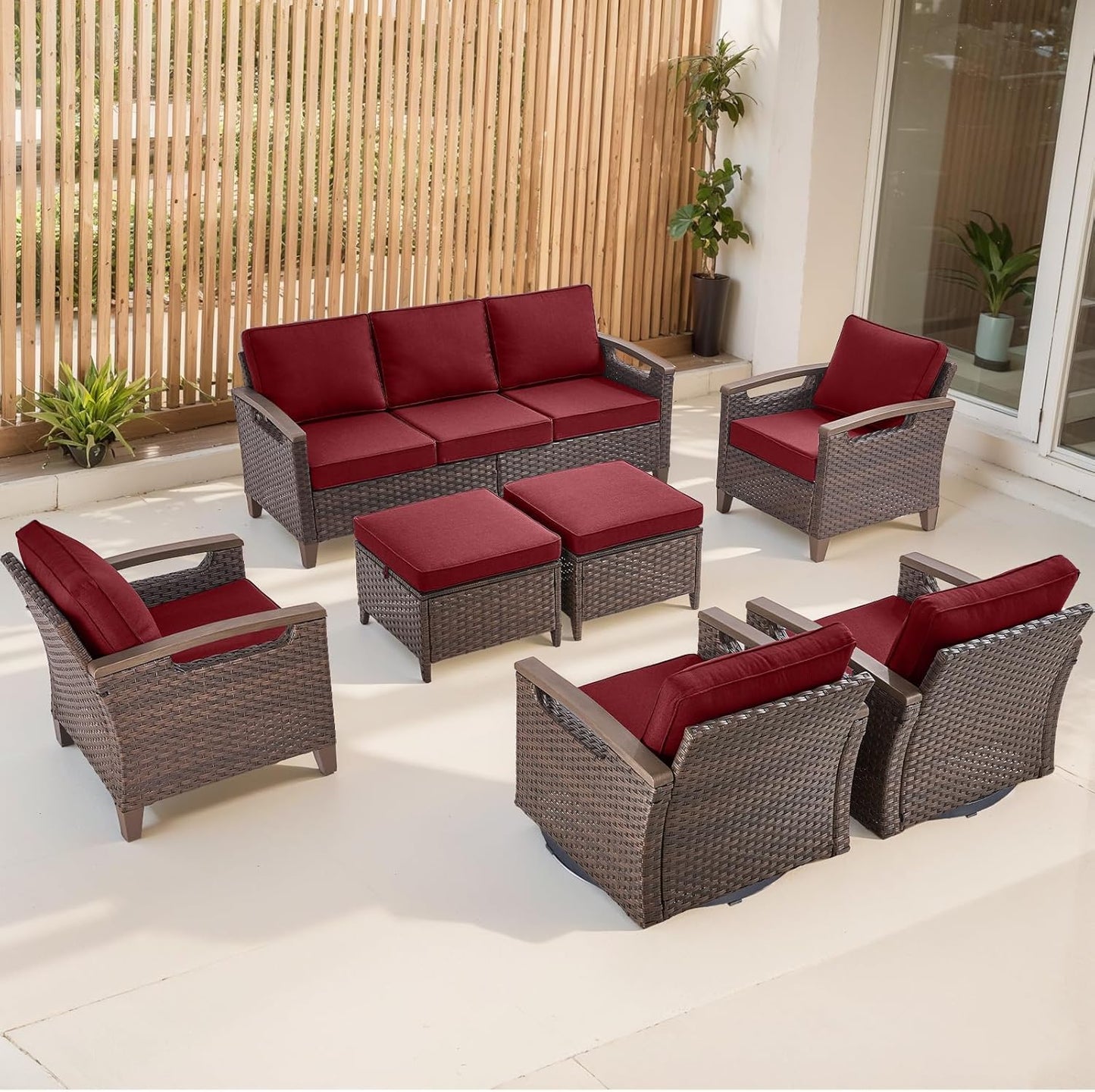 Outdoor Patio Swivel Rocking Chairs Set of 2, All Weather Wicker, Metal Armrest, Deep Seating, Thick Comfortable Cushions, Ideal for Deck Porch Backyard, Brown/Beige