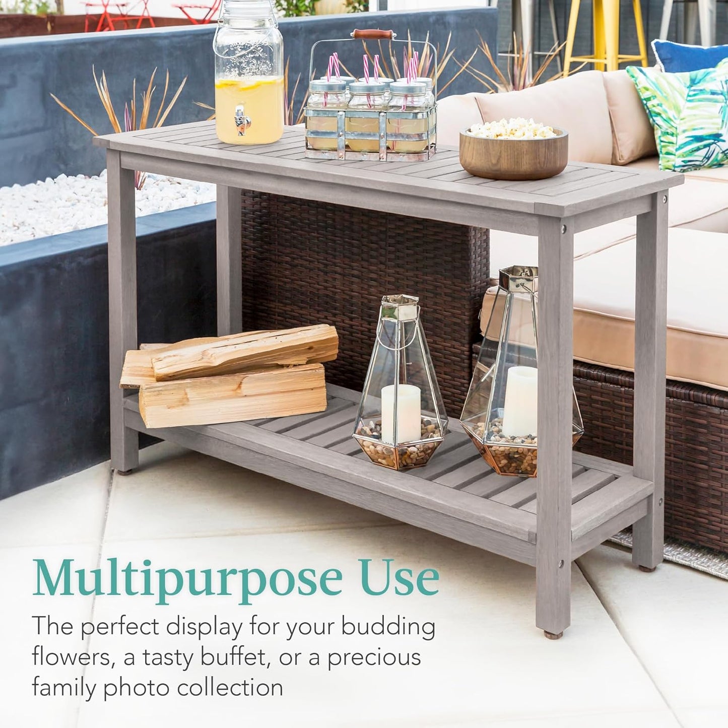 Best Choice Products 48in 2-Shelf Eucalyptus Wooden Console Table Indoor Outdoor Multifunctional Buffet Bar Storage Organizer w/Foot Sliders - Gray