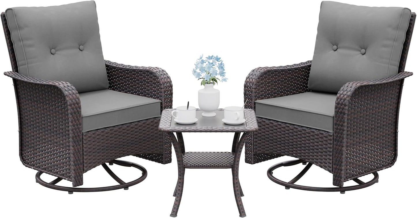 Gotland 3 Pieces Patio Set, Outdoor Swivel Chairs Set of 2 with 4’’ Waterproof Cushions High Back Double-Layer Side Table, Wicker Rocking Patio Chairs Set of 2 for Balcony, Porch, Garden