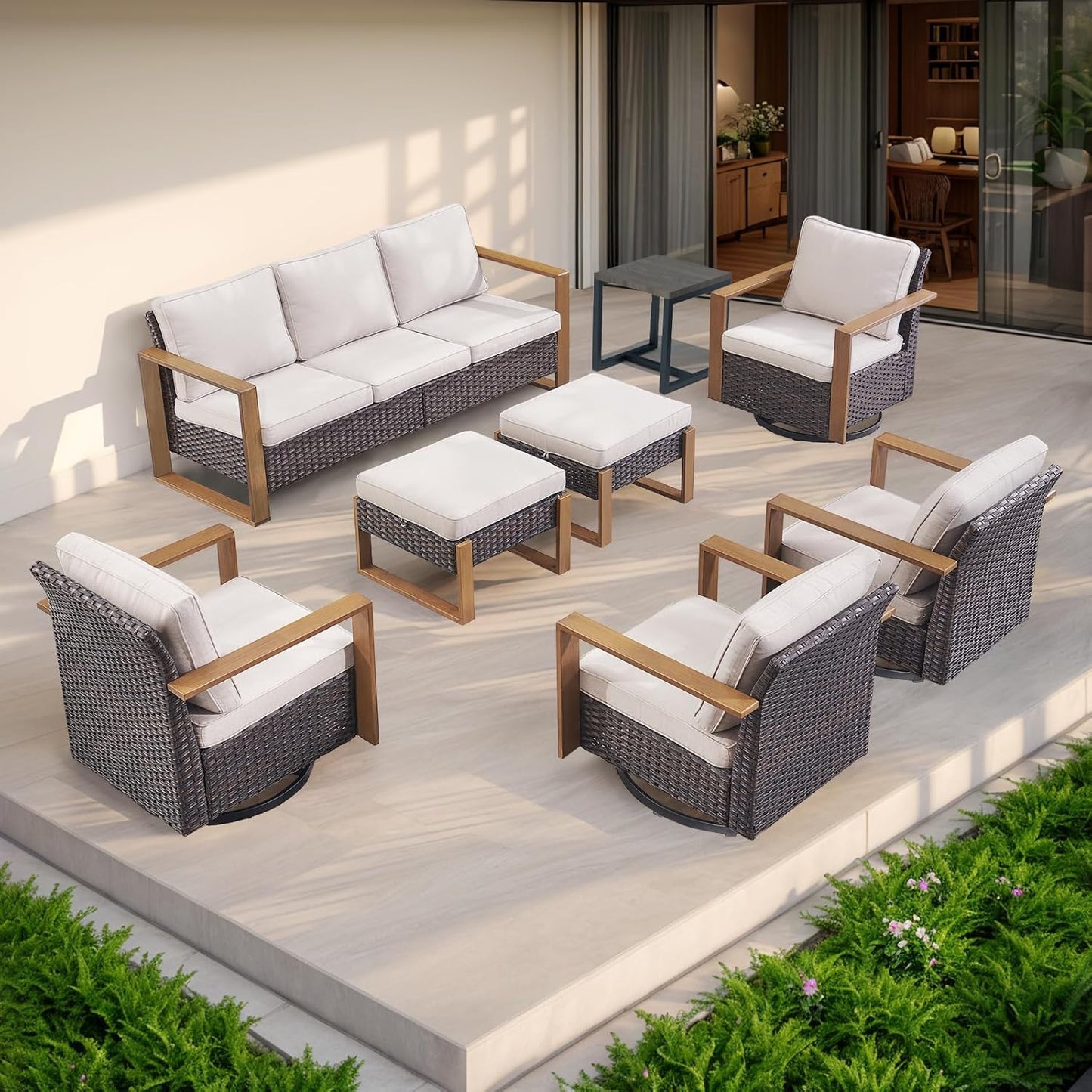 Outdoor Patio Swivel Rocker Chairs - Wicker Rattan Patio Swivel Rocking Chairs Set of 2 with Metal Wide Armrest, Thick Cushions and Deep Seating for Deck Porch Sunroom Garden(Brown/Grey)