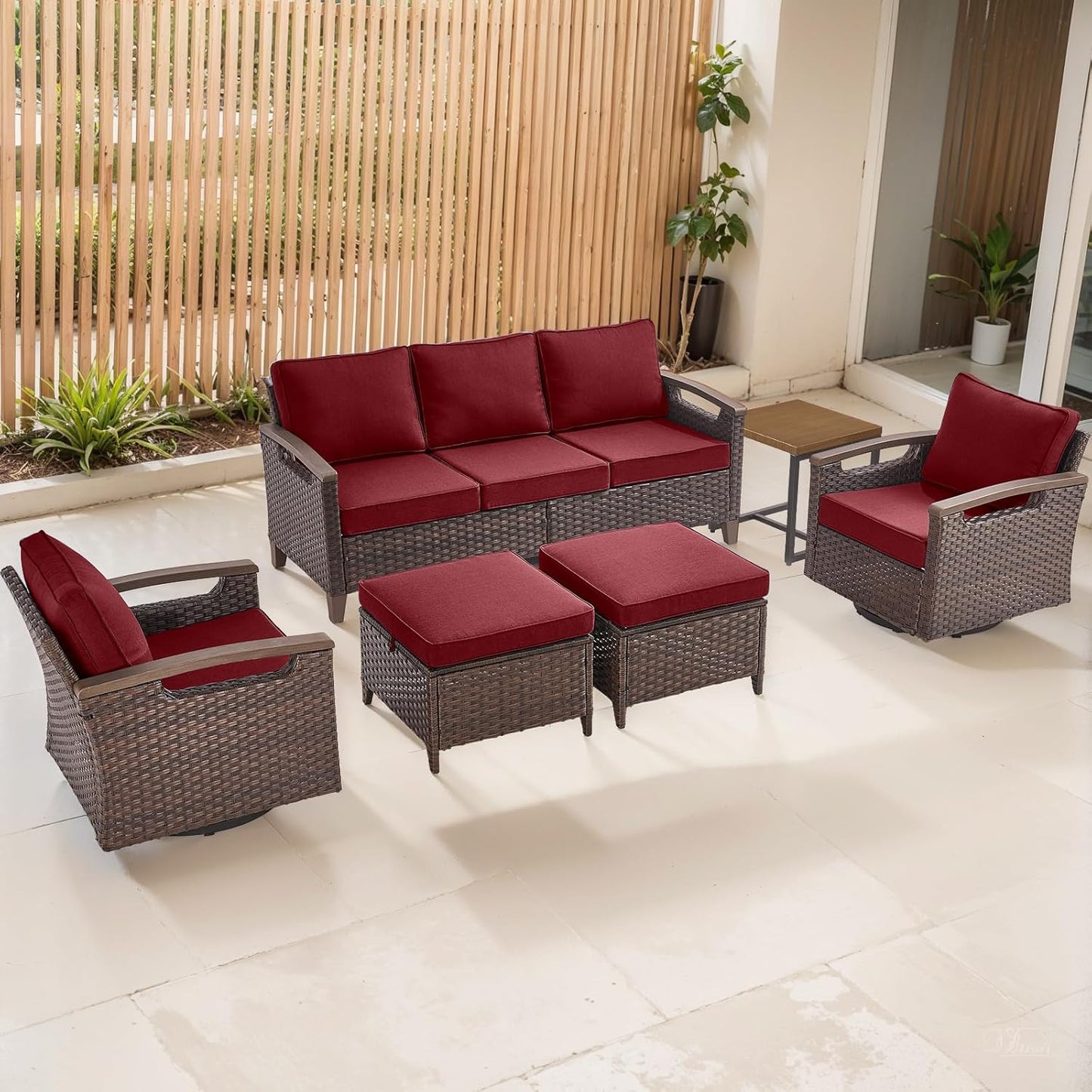Outdoor Patio Swivel Rocking Chairs Set of 2, All Weather Wicker, Metal Armrest, Deep Seating, Thick Comfortable Cushions, Ideal for Deck Porch Backyard, Brown/Beige