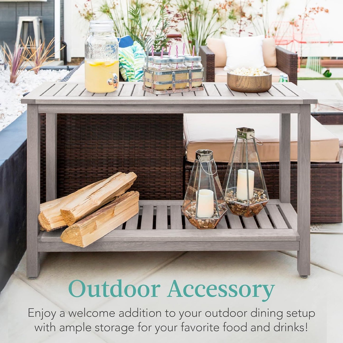 Best Choice Products 48in 2-Shelf Eucalyptus Wooden Console Table Indoor Outdoor Multifunctional Buffet Bar Storage Organizer w/Foot Sliders - Gray